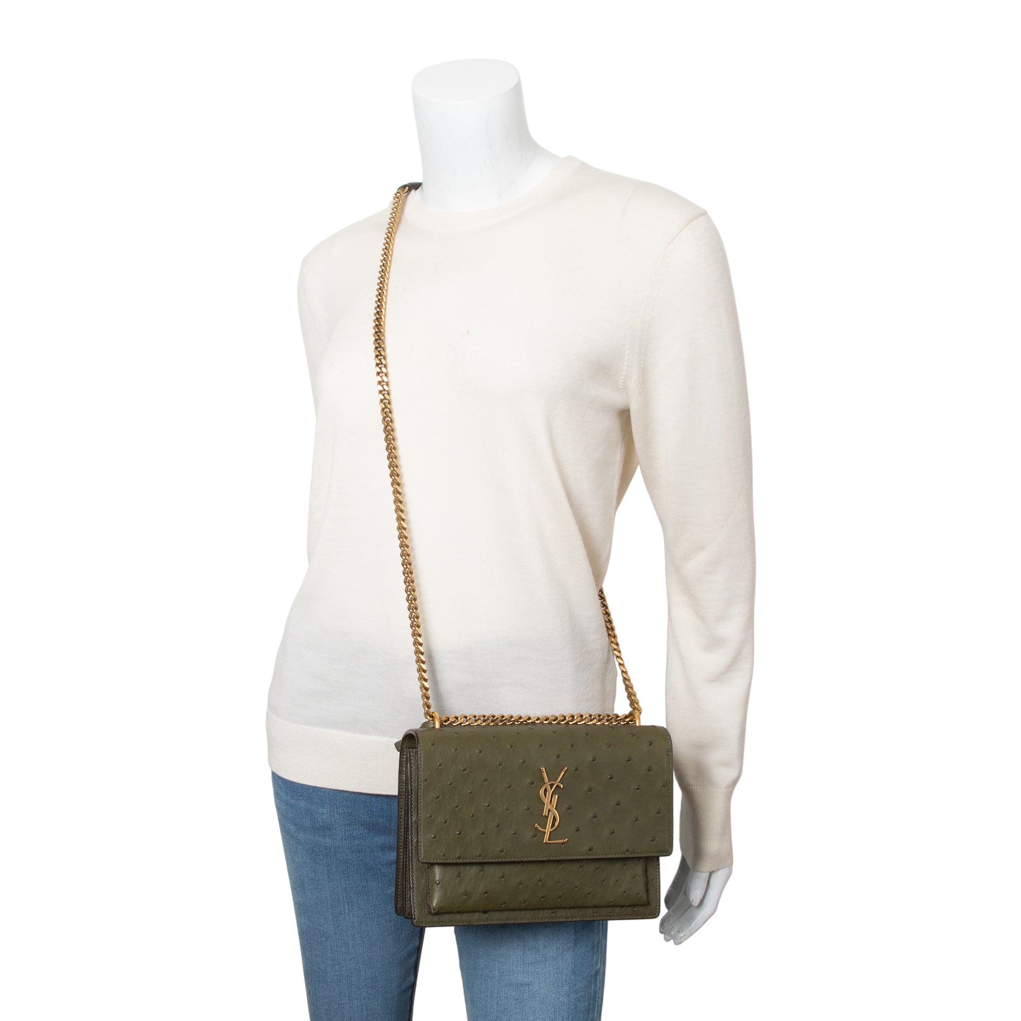 Saint Laurent Green Ostrich Medium Sunset Shoulder Bag