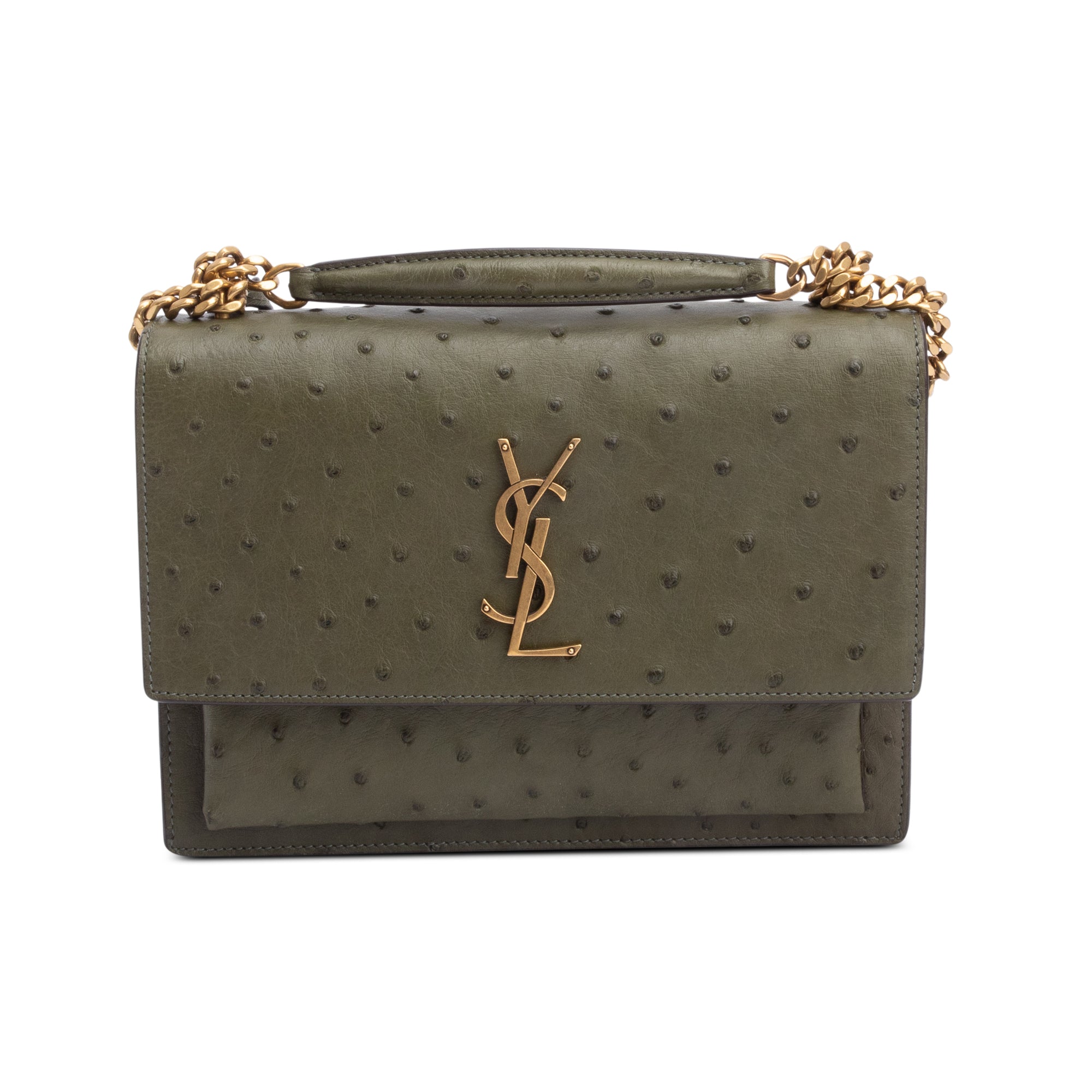Saint Laurent Green Ostrich Medium Sunset Shoulder Bag