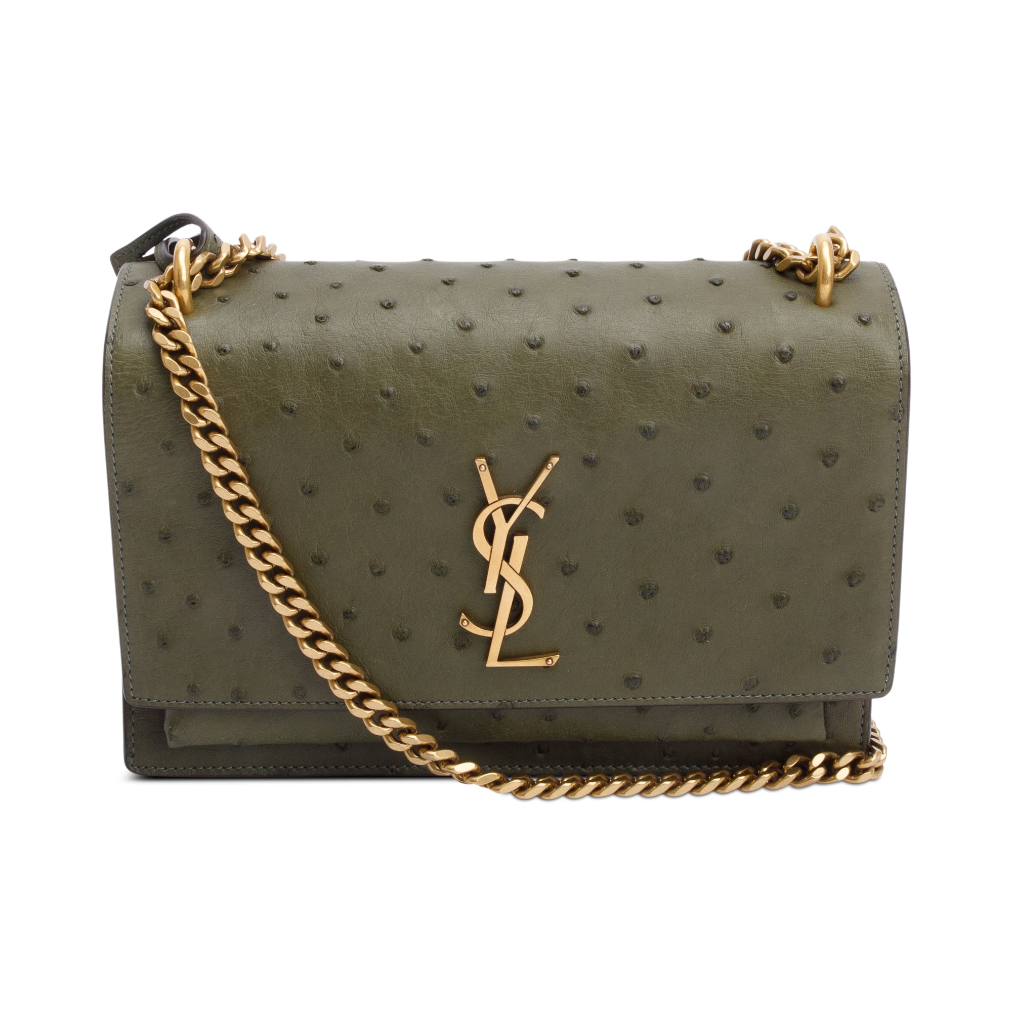 Saint Laurent Green Ostrich Medium Sunset Shoulder Bag