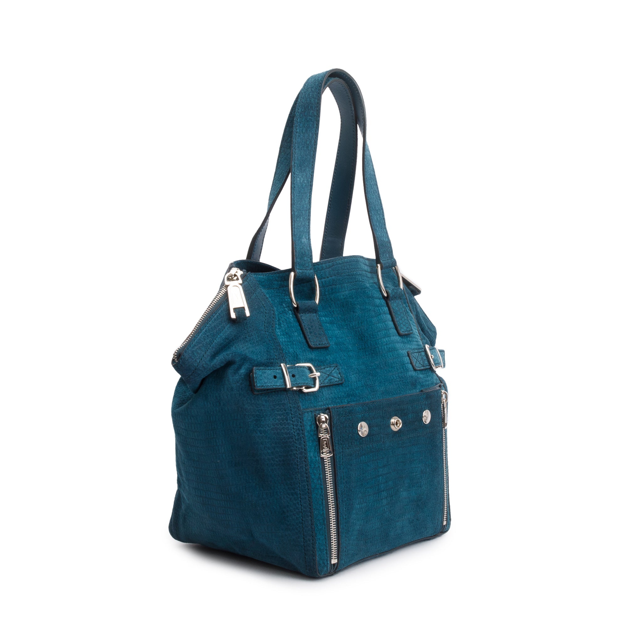 Saint Laurent Green Python Embossed Suede Small Downtown Tote