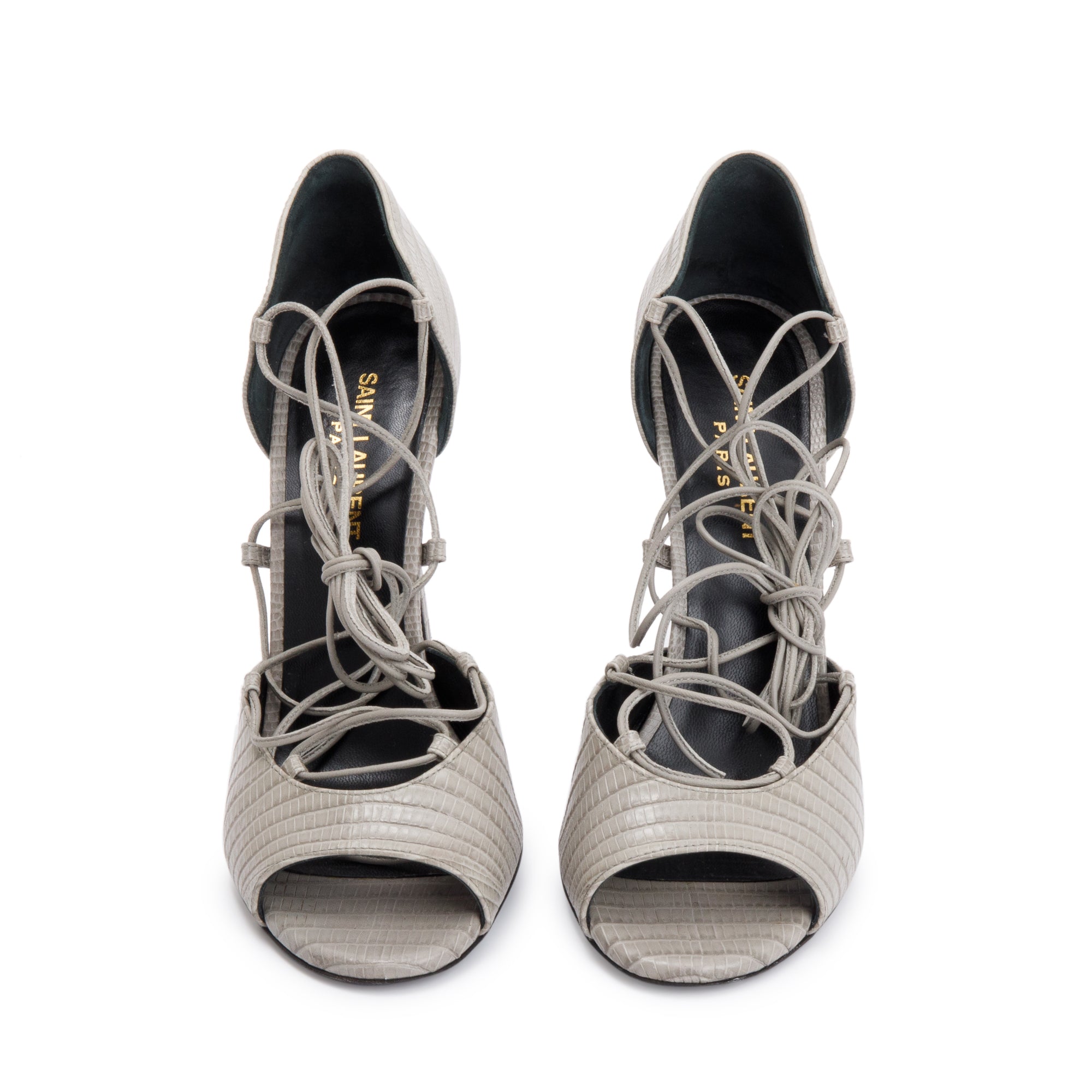 Saint Laurent Grey Croc Embossed Leather Jane Lace Up Sandals, Size 38 w/ Box