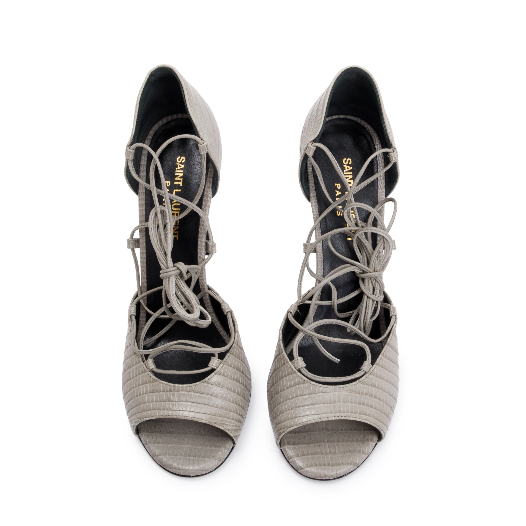 Saint Laurent Grey Croc Embossed Leather Jane Lace Up Sandals, Size 38 w/ Box