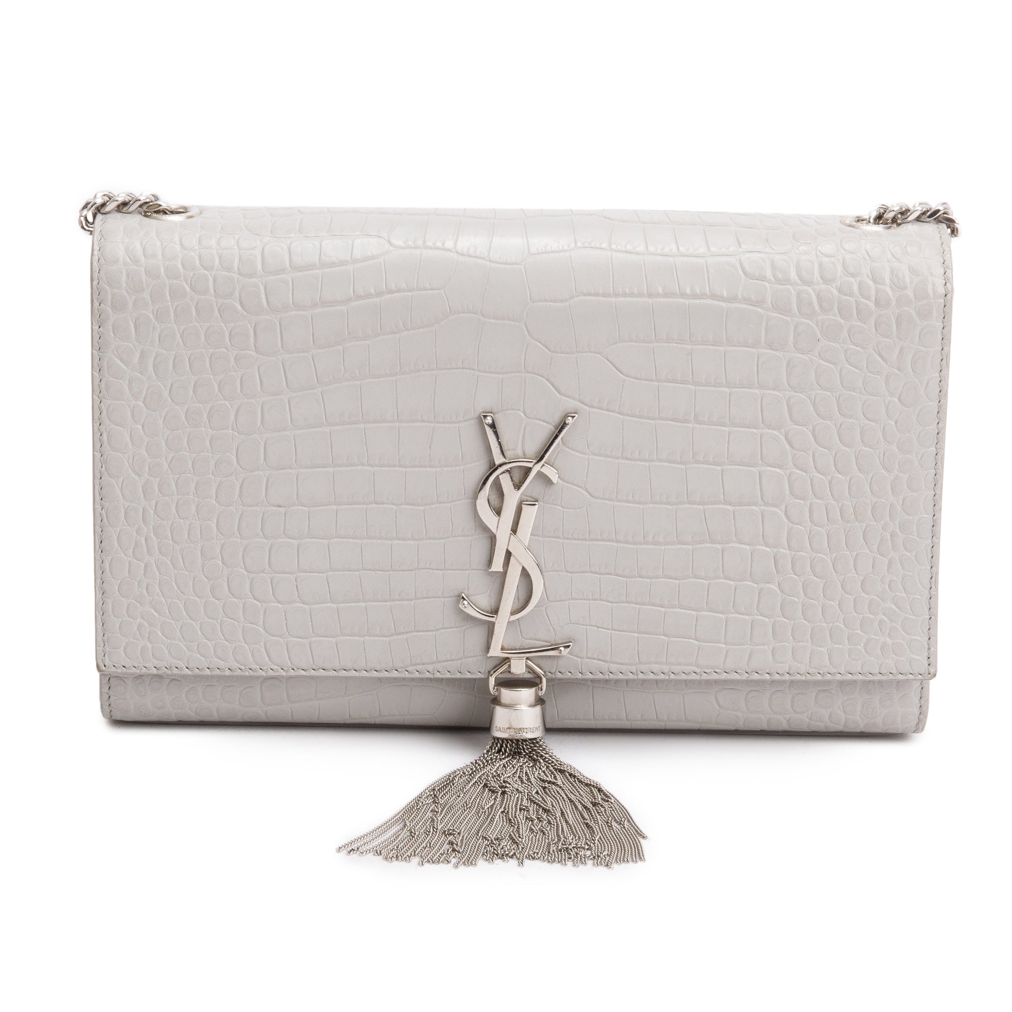 Saint Laurent Grey Crocodile-Embossed Leather Medium Classic Monogram Kate Tassel Chain Bag