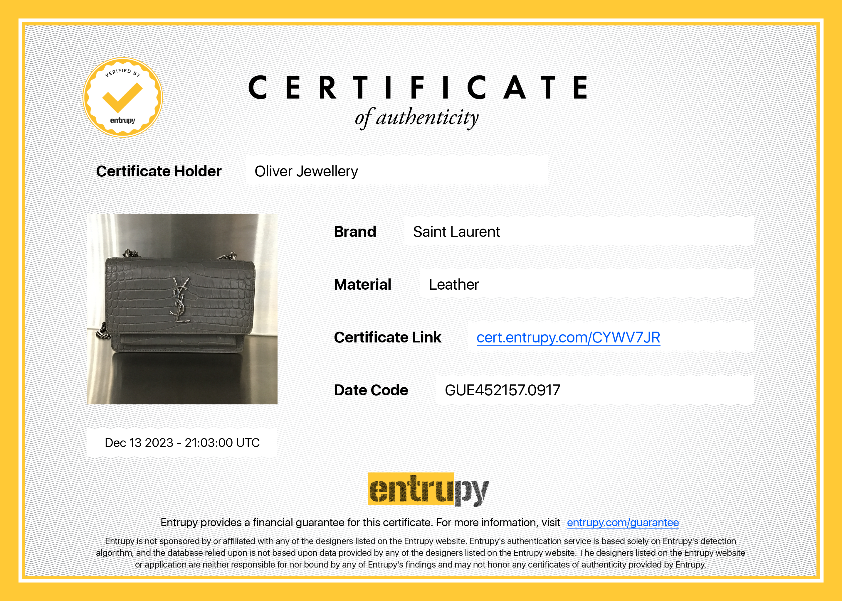 Saint Laurent Grey Crocodile Embossed Sunset Chain Wallet