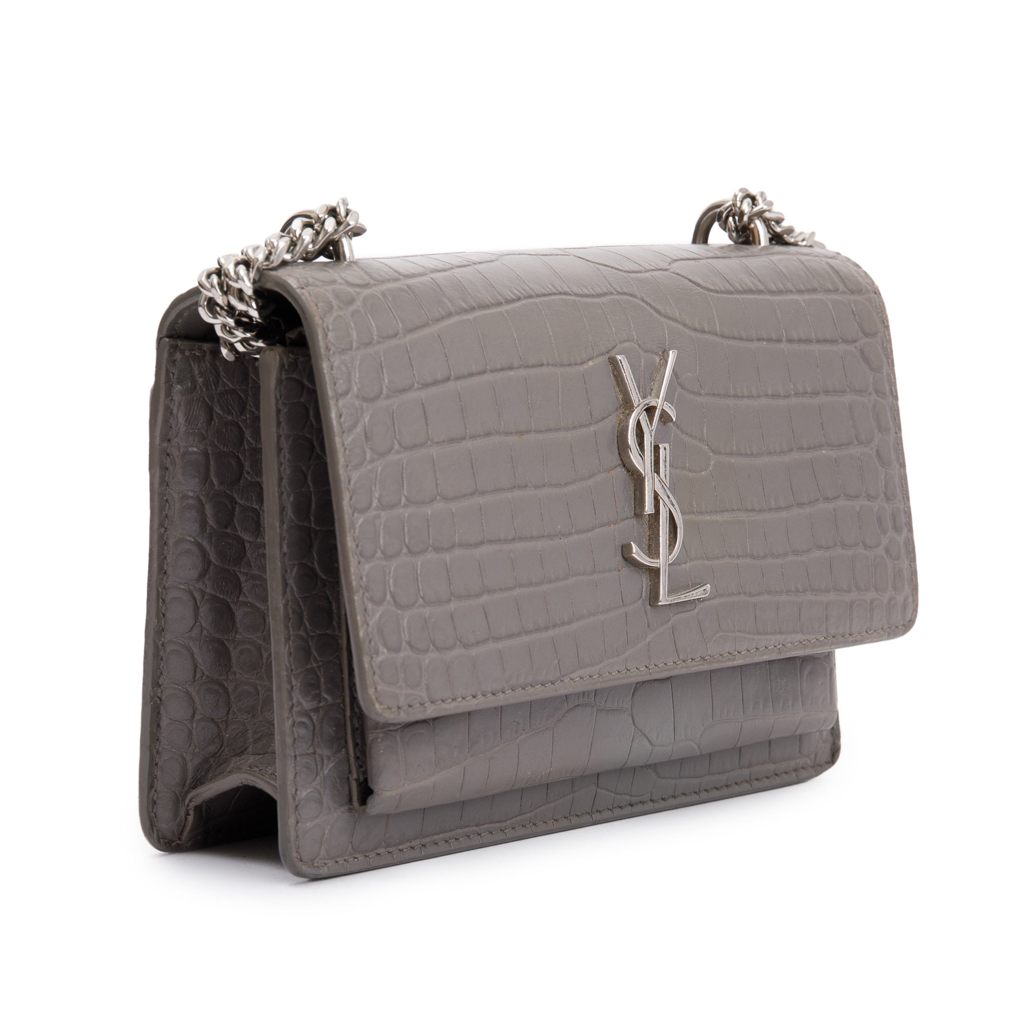 Saint Laurent Grey Crocodile Embossed Sunset Chain Wallet