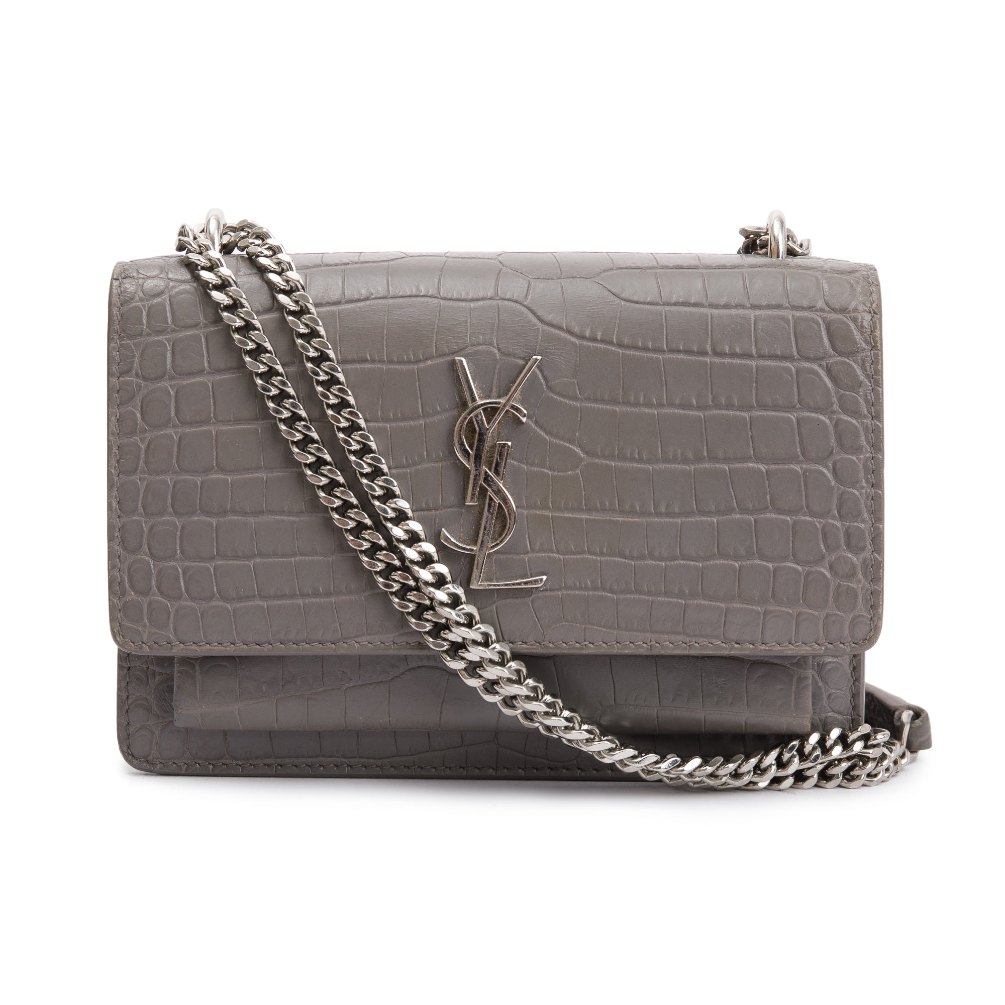 Saint Laurent Grey Crocodile Embossed Sunset Chain Wallet