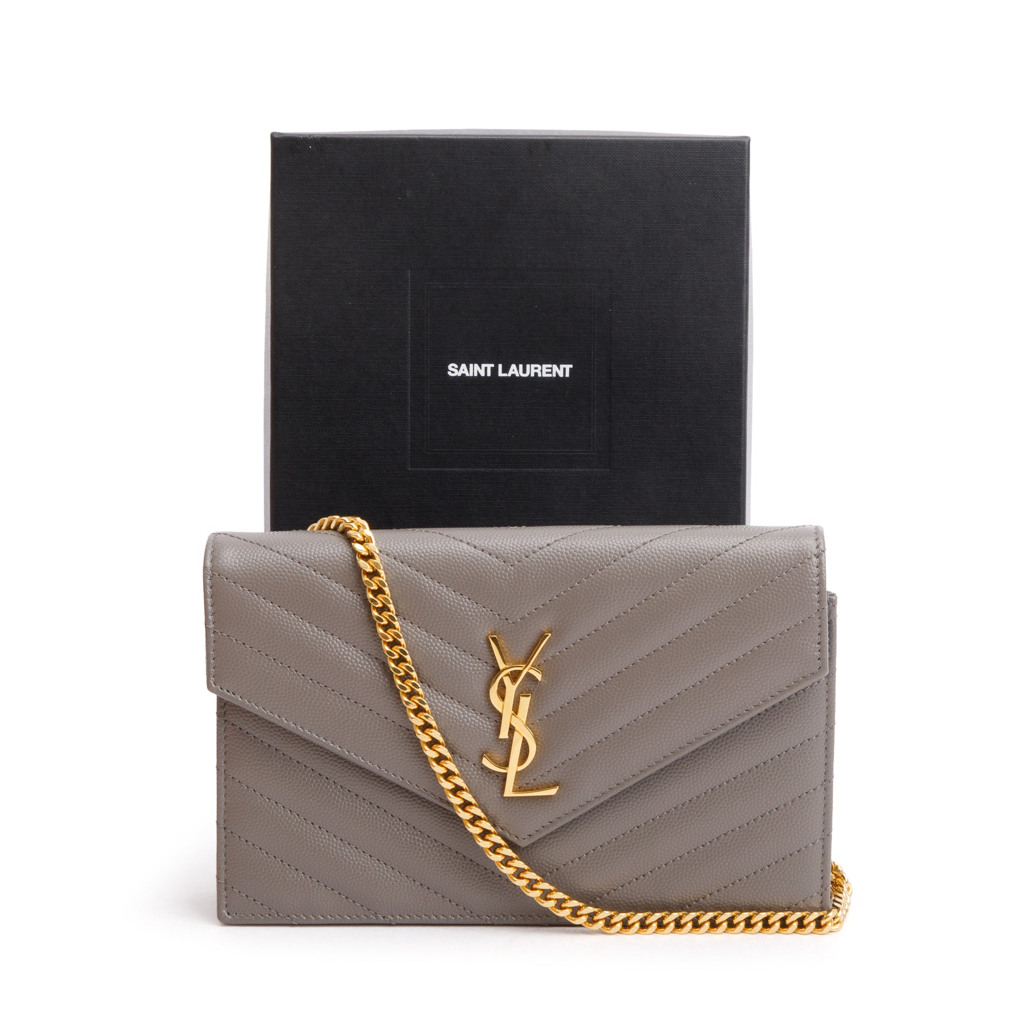 Saint Laurent Grey Grain De Poudre Leather Cassandre Envelope Chain Wallet w/ Box