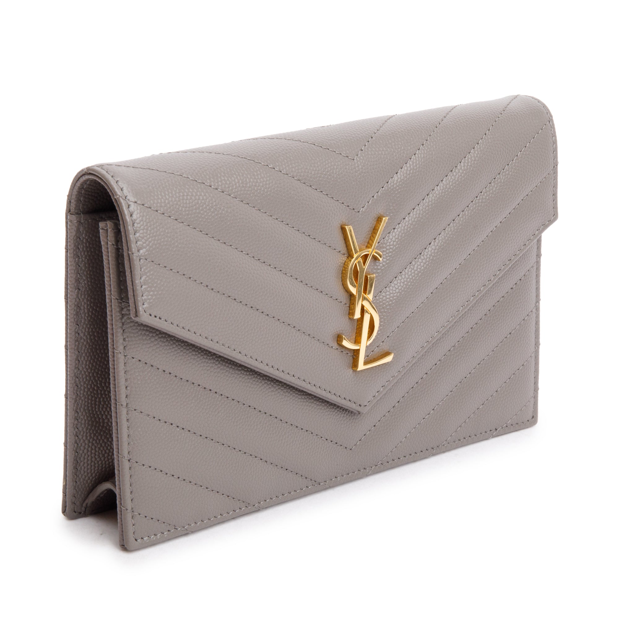 Saint Laurent Grey Grain De Poudre Leather Cassandre Envelope Chain Wallet w/ Box