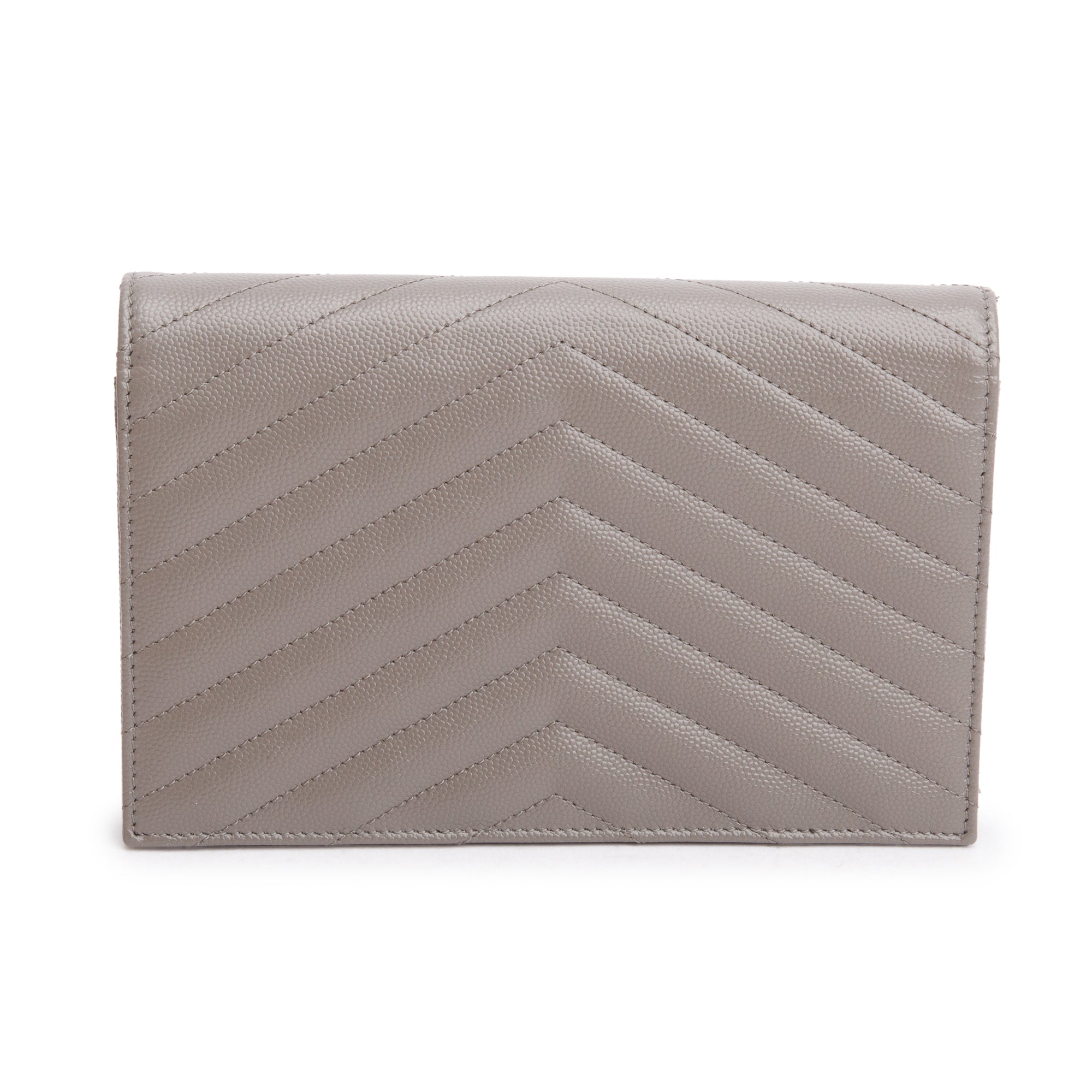 Saint Laurent Grey Grain De Poudre Leather Cassandre Envelope Chain Wallet w/ Box