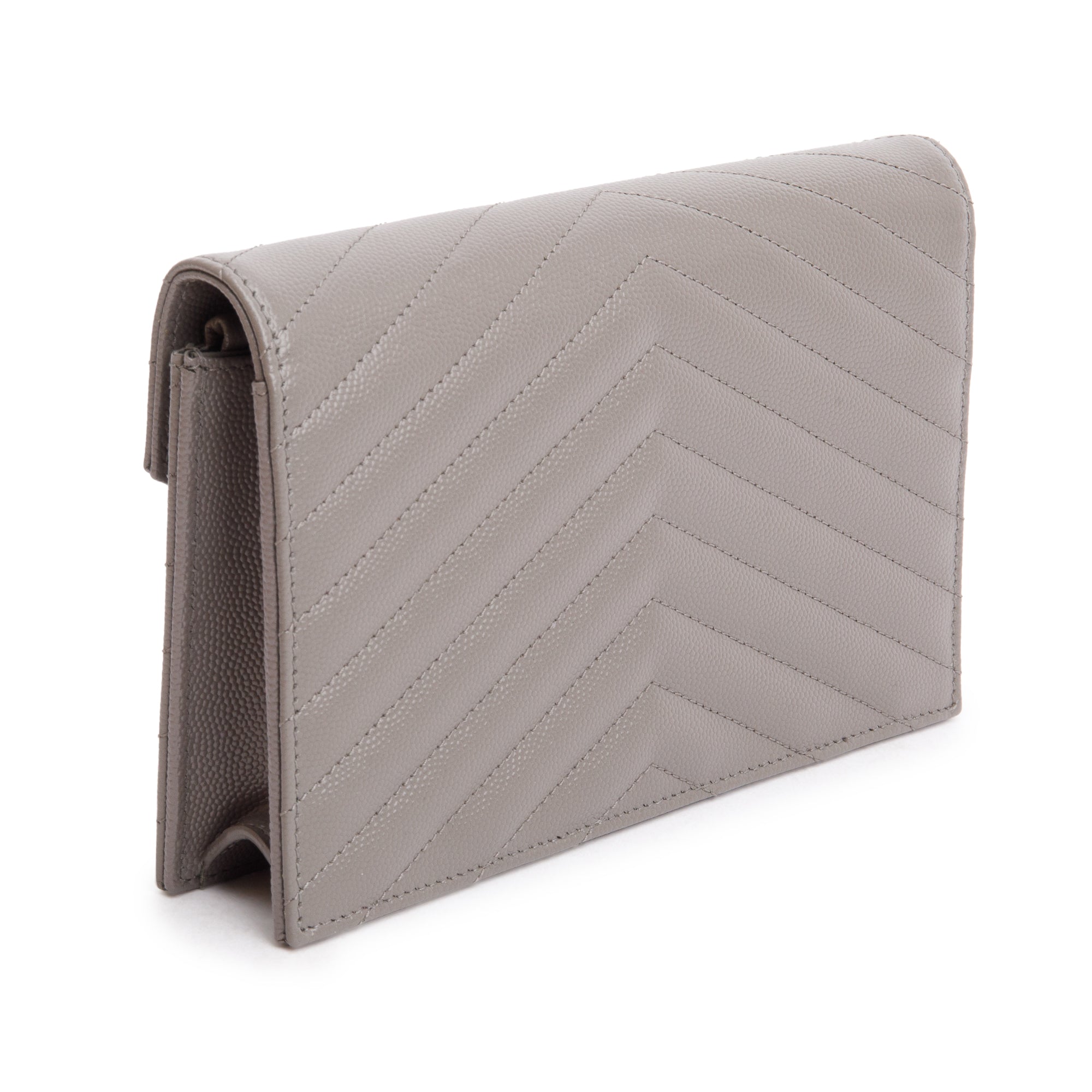 Saint Laurent Grey Grain De Poudre Leather Cassandre Envelope Chain Wallet w/ Box