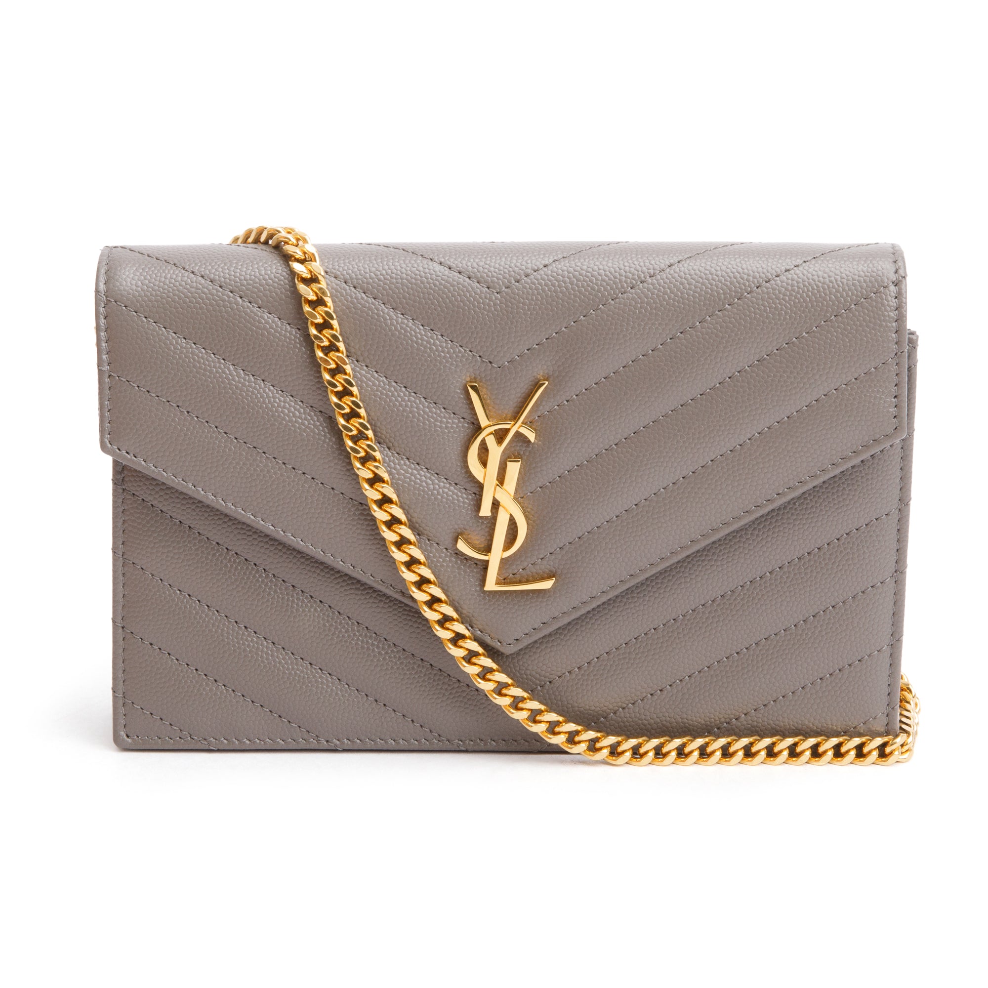 Saint Laurent Grey Grain De Poudre Leather Cassandre Envelope Chain Wallet w/ Box
