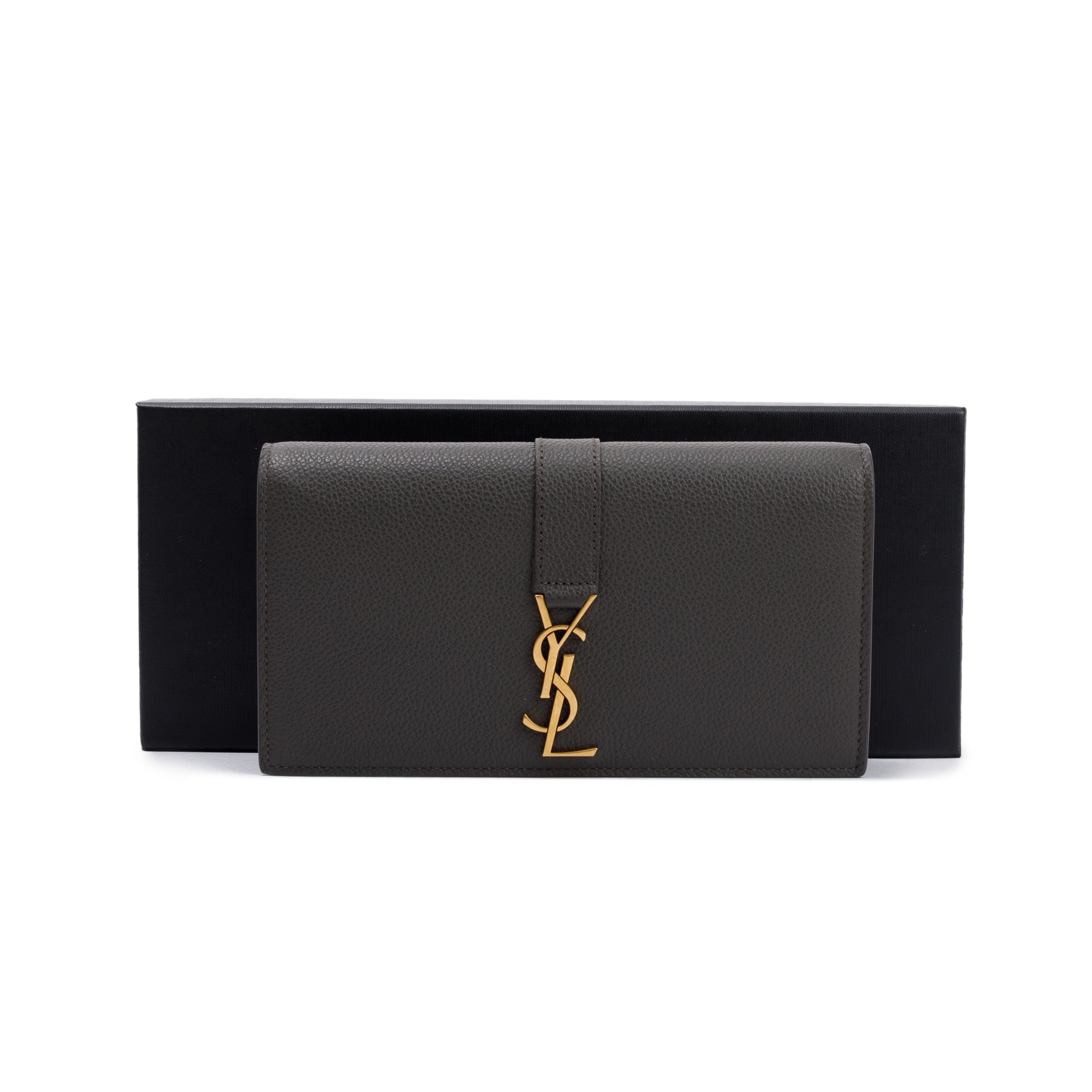 Saint Laurent Grey Grained Leather Large Flap Wallet w/ Box
