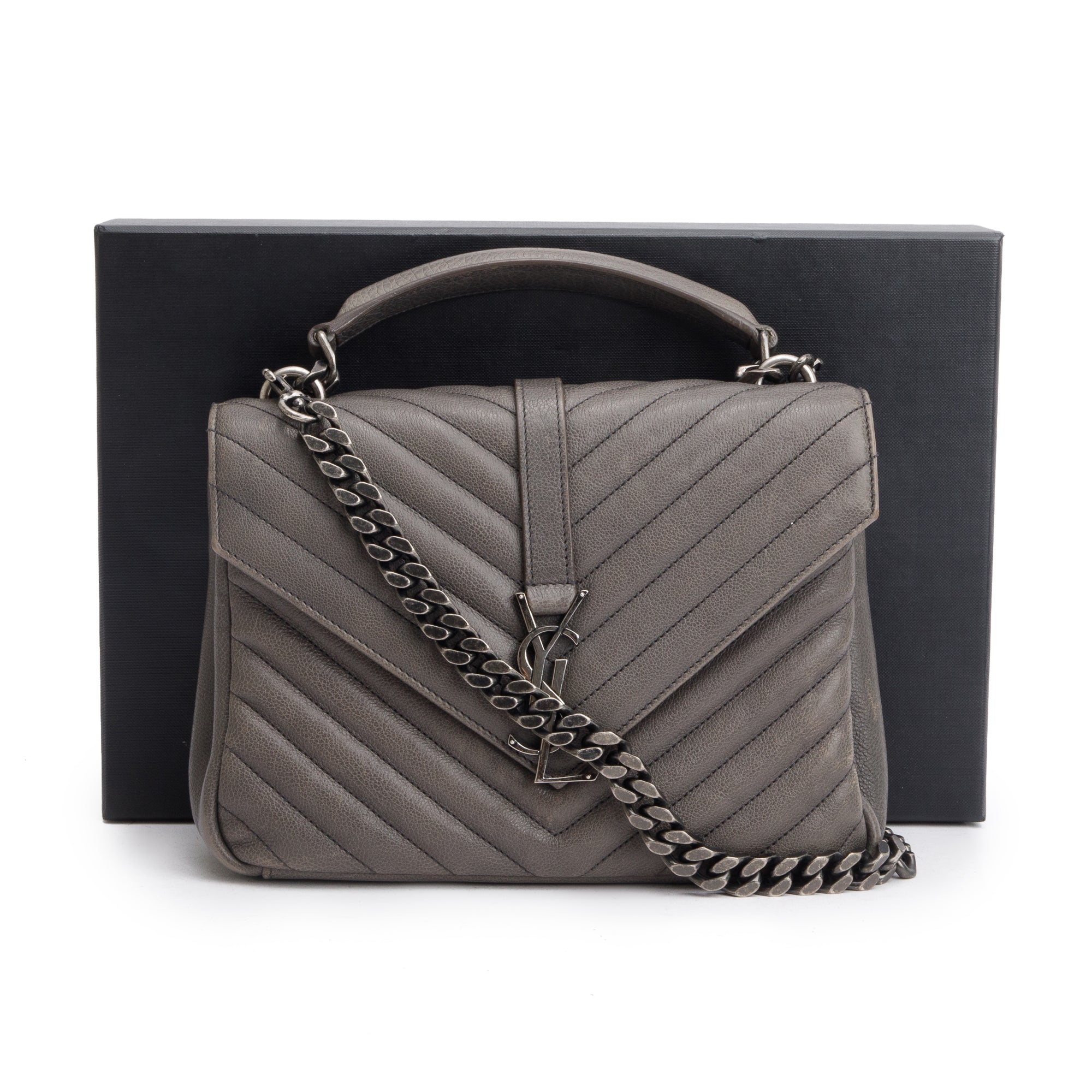 Saint Laurent Grey Leather Medium Chevron College Bag w/ Box