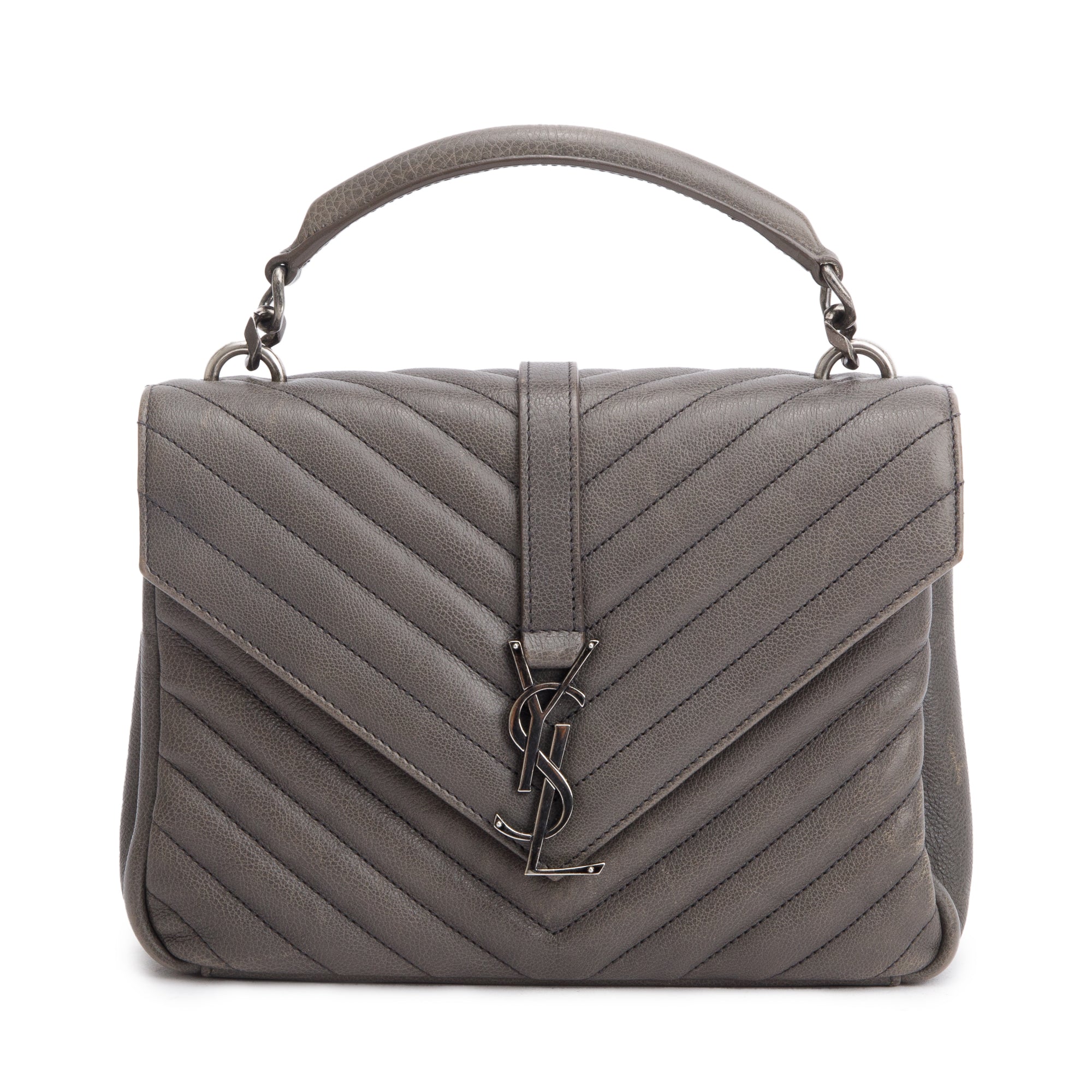 Saint Laurent Grey Leather Medium Chevron College Bag w/ Box