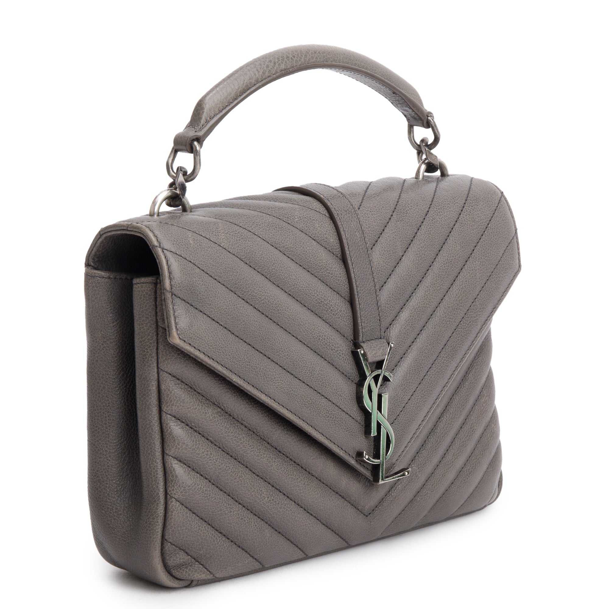 Saint Laurent Grey Leather Medium Chevron College Bag w/ Box