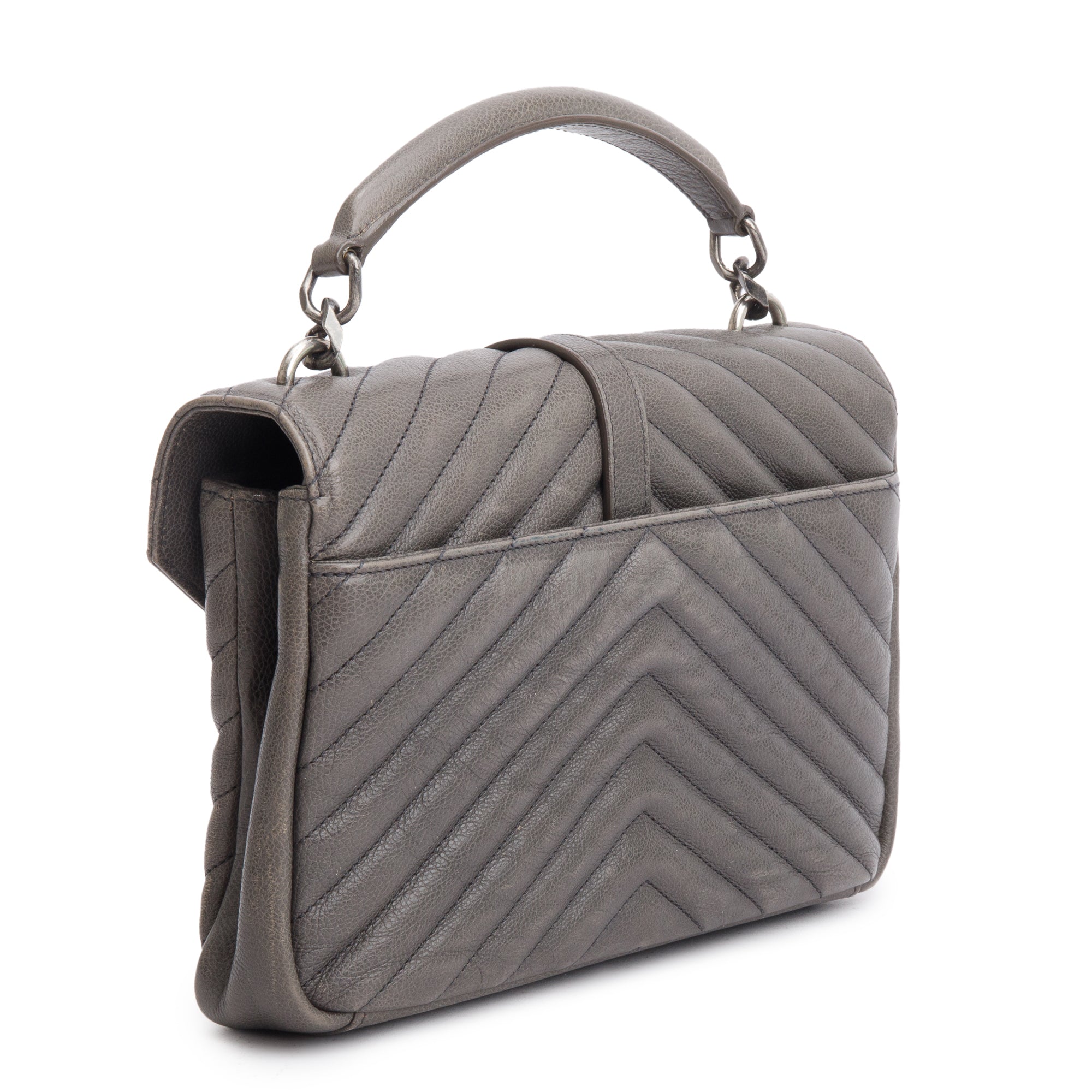 Saint Laurent Grey Leather Medium Chevron College Bag w/ Box