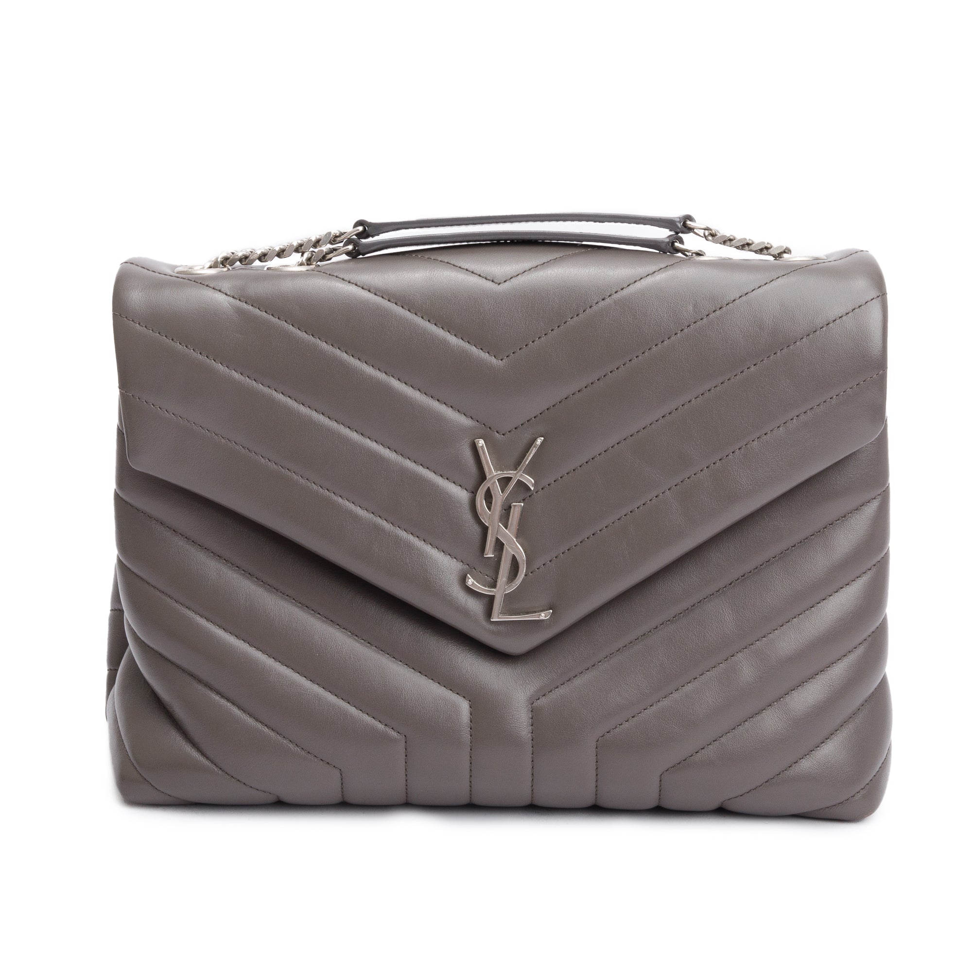 Saint Laurent Grey Quilted Leather Medium Loulou Monogram Shoulder Bag w/ Receipt