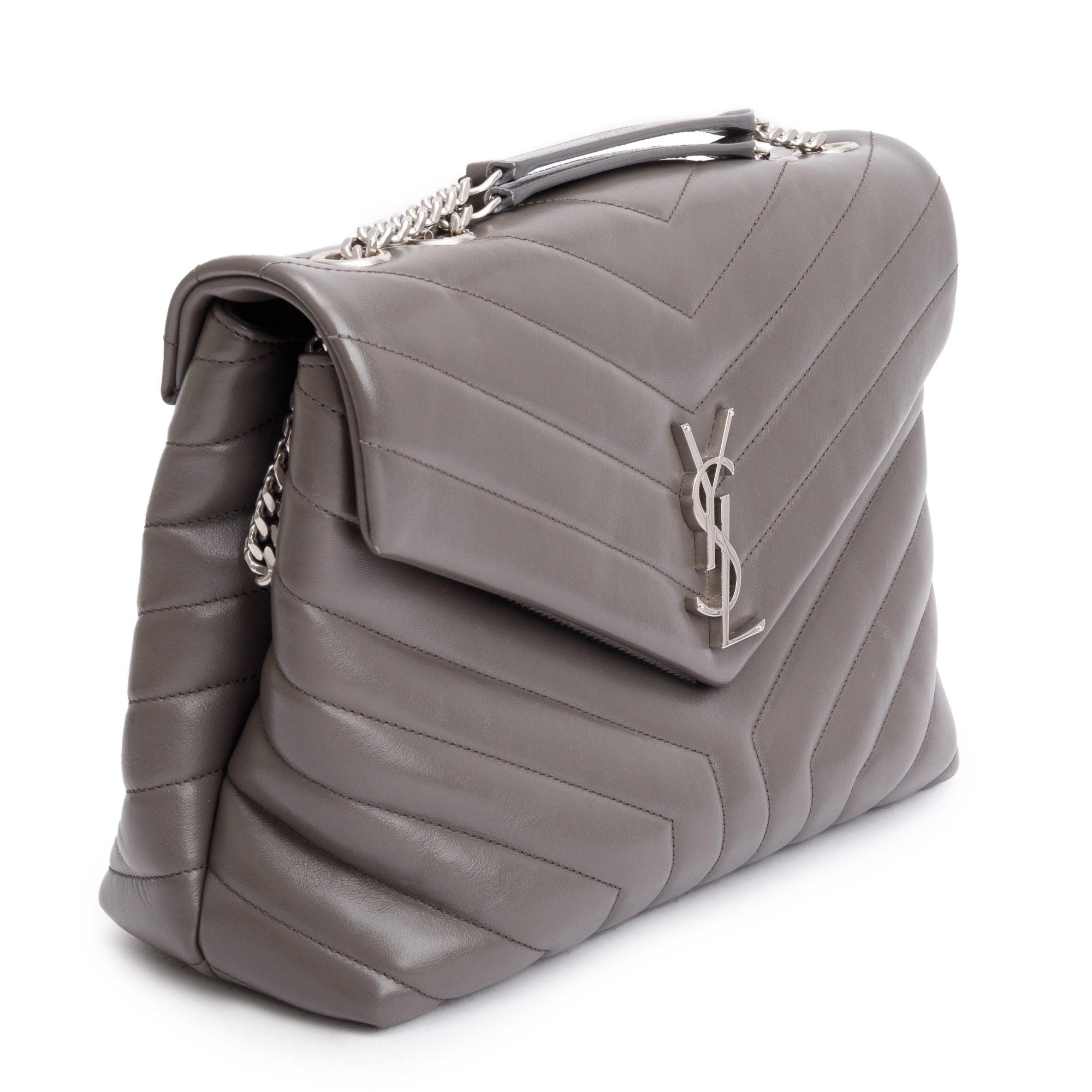 Saint Laurent Grey Quilted Leather Medium Loulou Monogram Shoulder Bag w/ Receipt