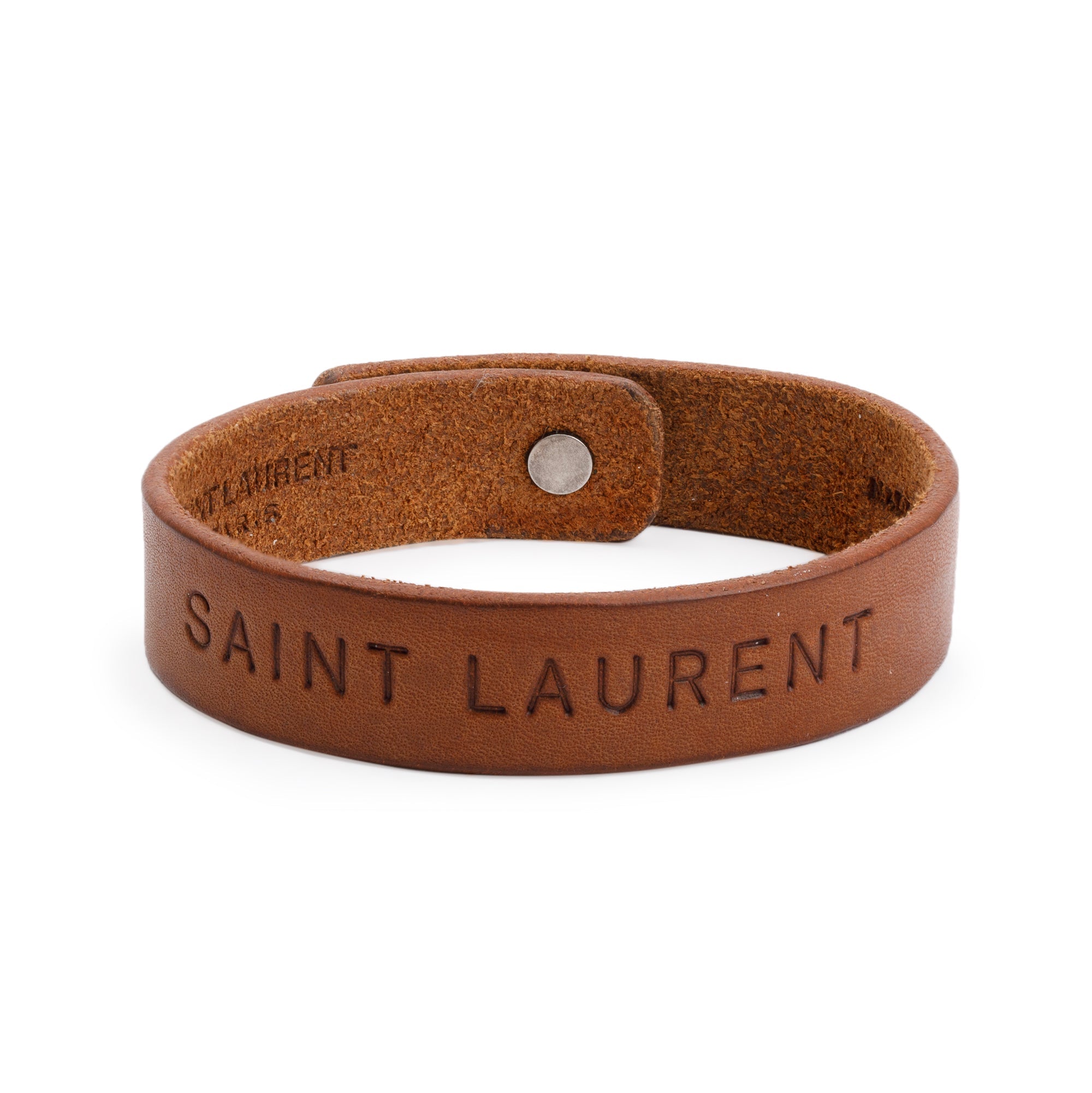 Saint Laurent Logo-Embossed Brown Leather Bracelet w/ Box