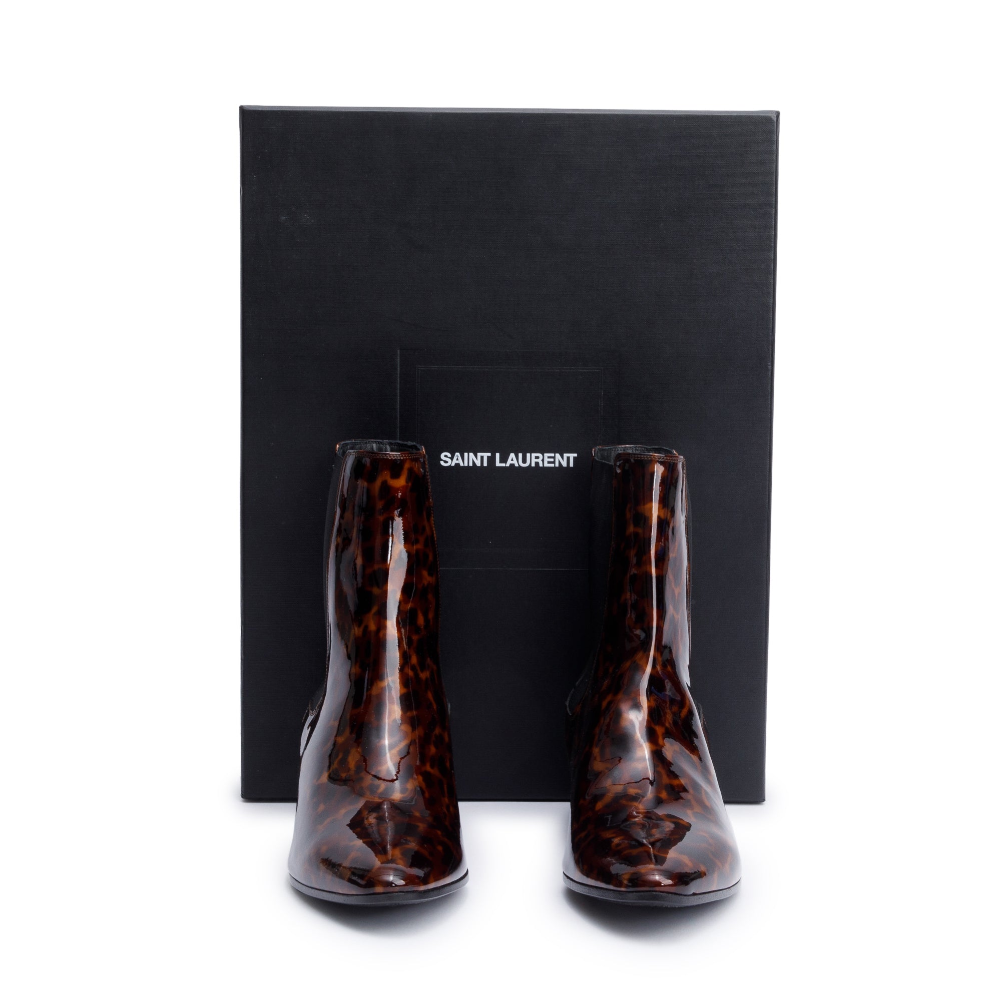 Saint Laurent Manto Naturale Patent Tartaruga Leather West 45 Chelsea Boots, Size 40.5 w/ Box