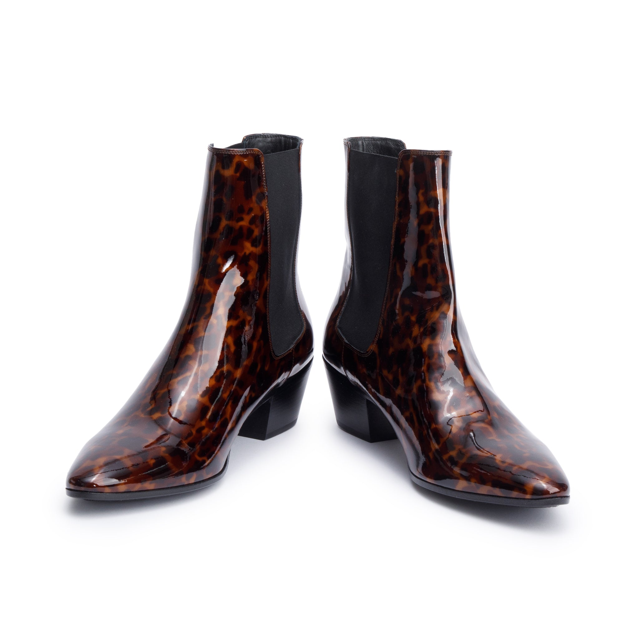 Saint Laurent Manto Naturale Patent Tartaruga Leather West 45 Chelsea Boots, Size 40.5 w/ Box