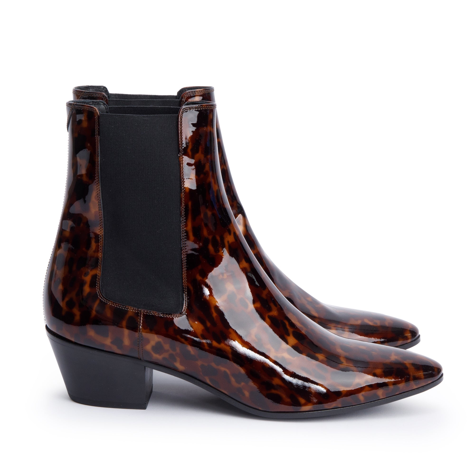 Saint Laurent Manto Naturale Patent Tartaruga Leather West 45 Chelsea Boots, Size 40.5 w/ Box