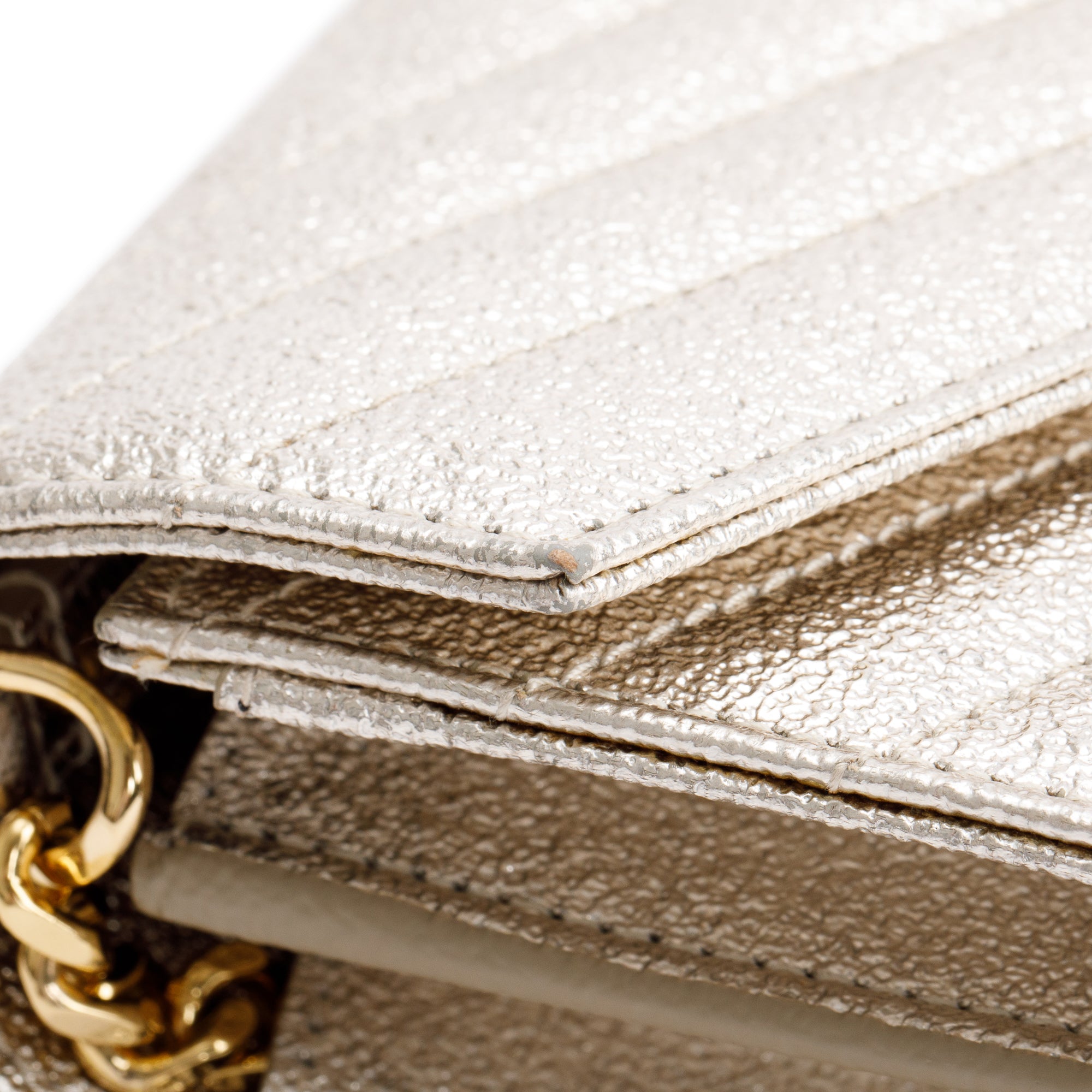 Saint Laurent Metallic Gold Grain De Poudre Leather Cassandre Matelasse Chain Wallet w/ Box
