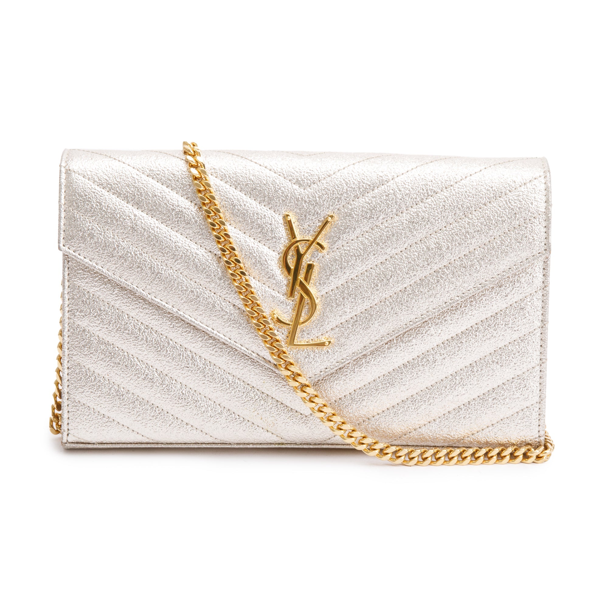 Saint Laurent Metallic Gold Grain De Poudre Leather Cassandre Matelasse Chain Wallet w/ Box