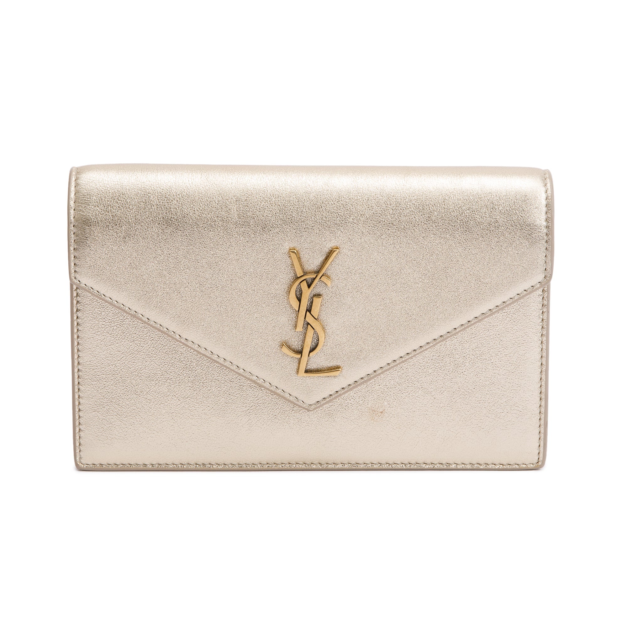 Saint Laurent Metallic Gold Leather Cassandre Envelope Chain Wallet