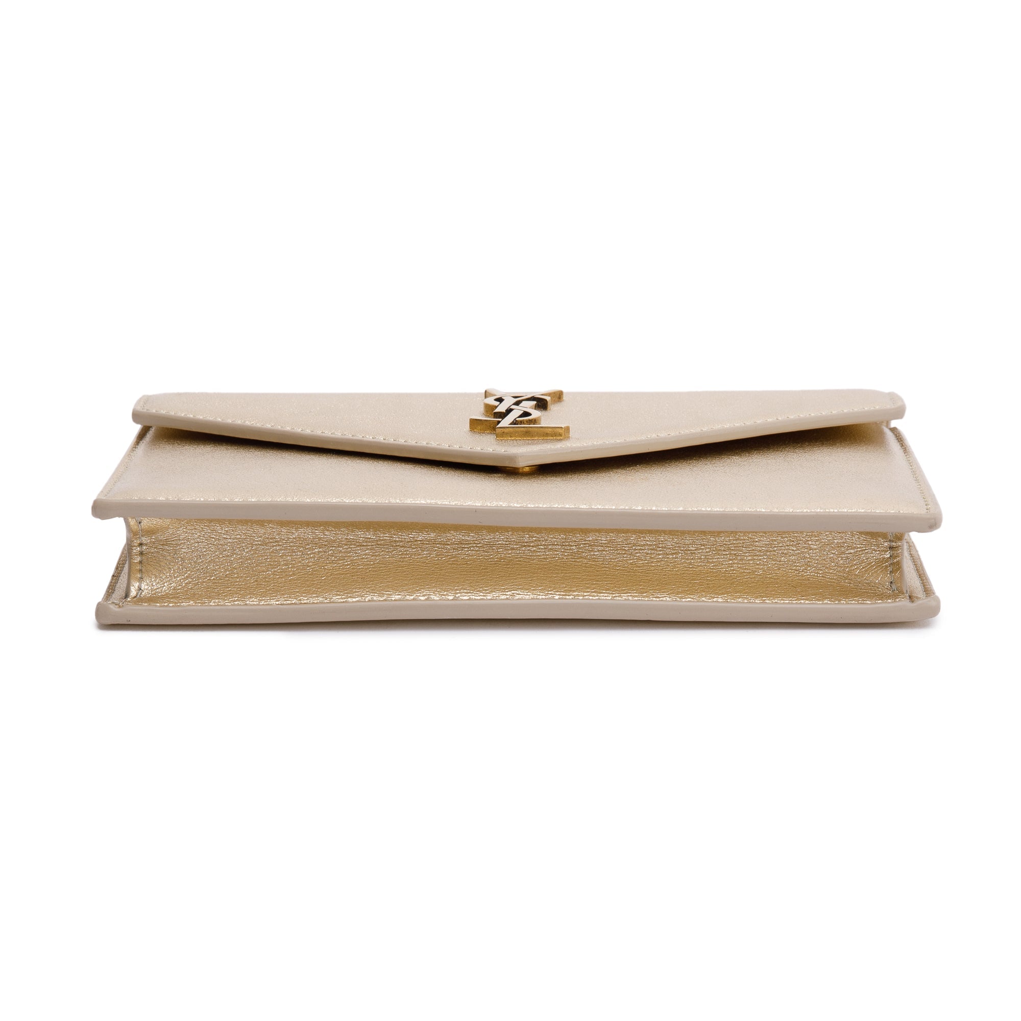 Saint Laurent Metallic Gold Leather Cassandre Envelope Chain Wallet