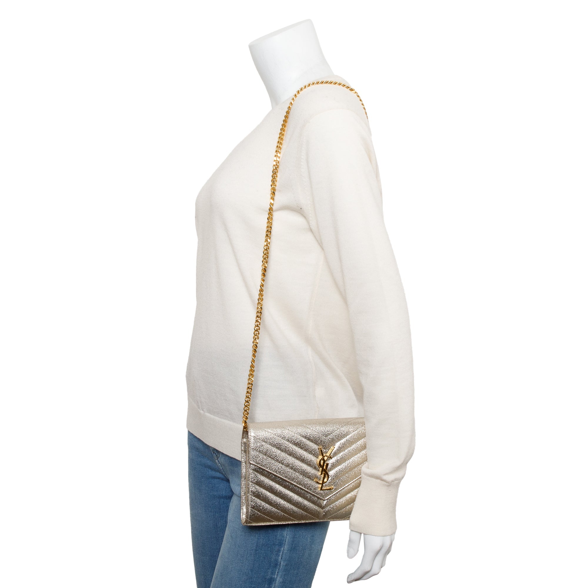 Saint Laurent Metallic Grain De Poudre Leather Cassandre Matelasse Chain Wallet w/ Box