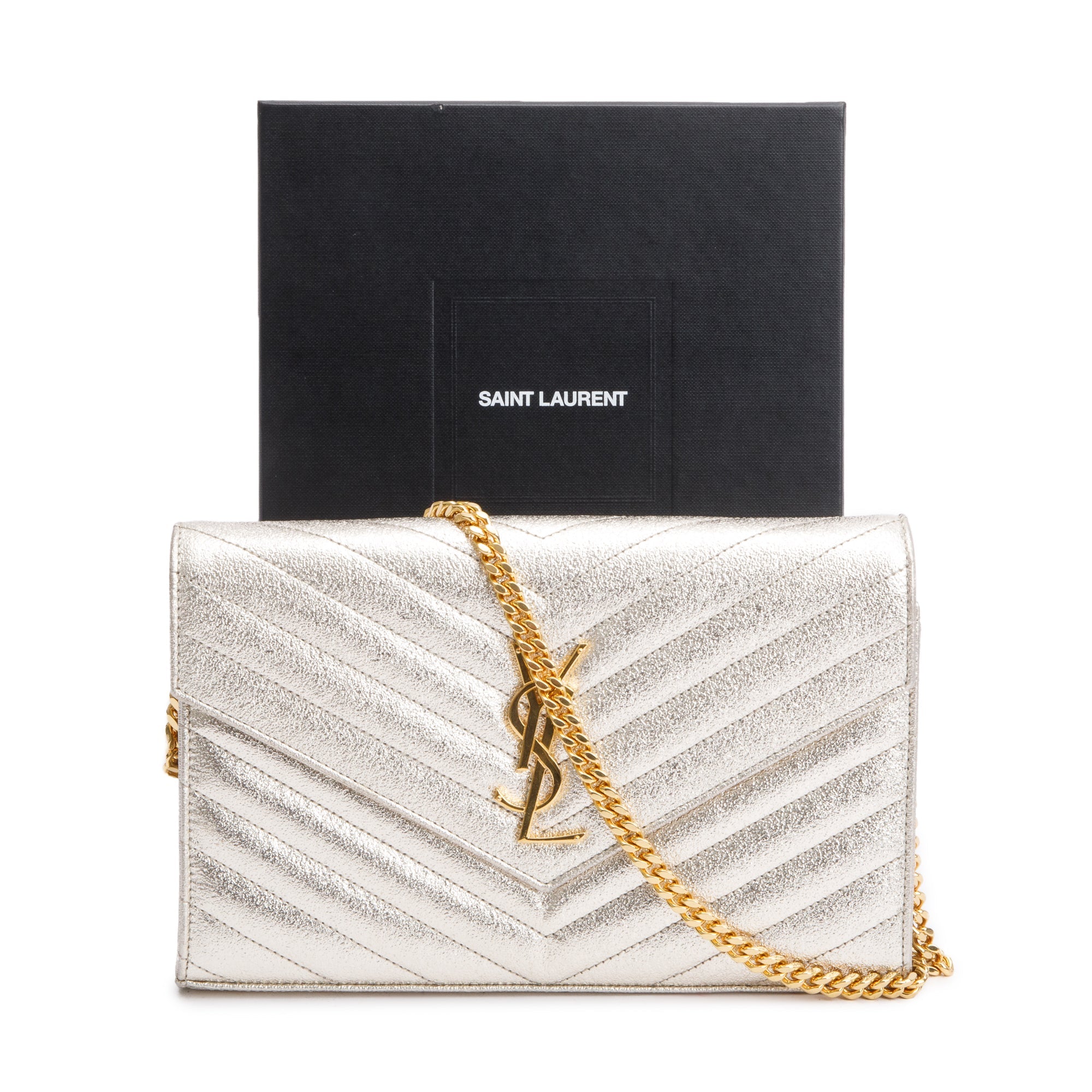 Saint Laurent Metallic Grain De Poudre Leather Cassandre Matelasse Chain Wallet w/ Box