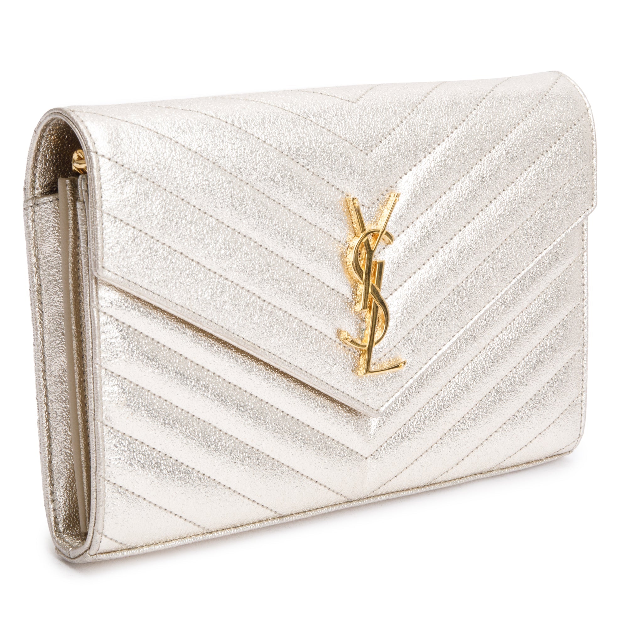 Saint Laurent Metallic Grain De Poudre Leather Cassandre Matelasse Chain Wallet w/ Box