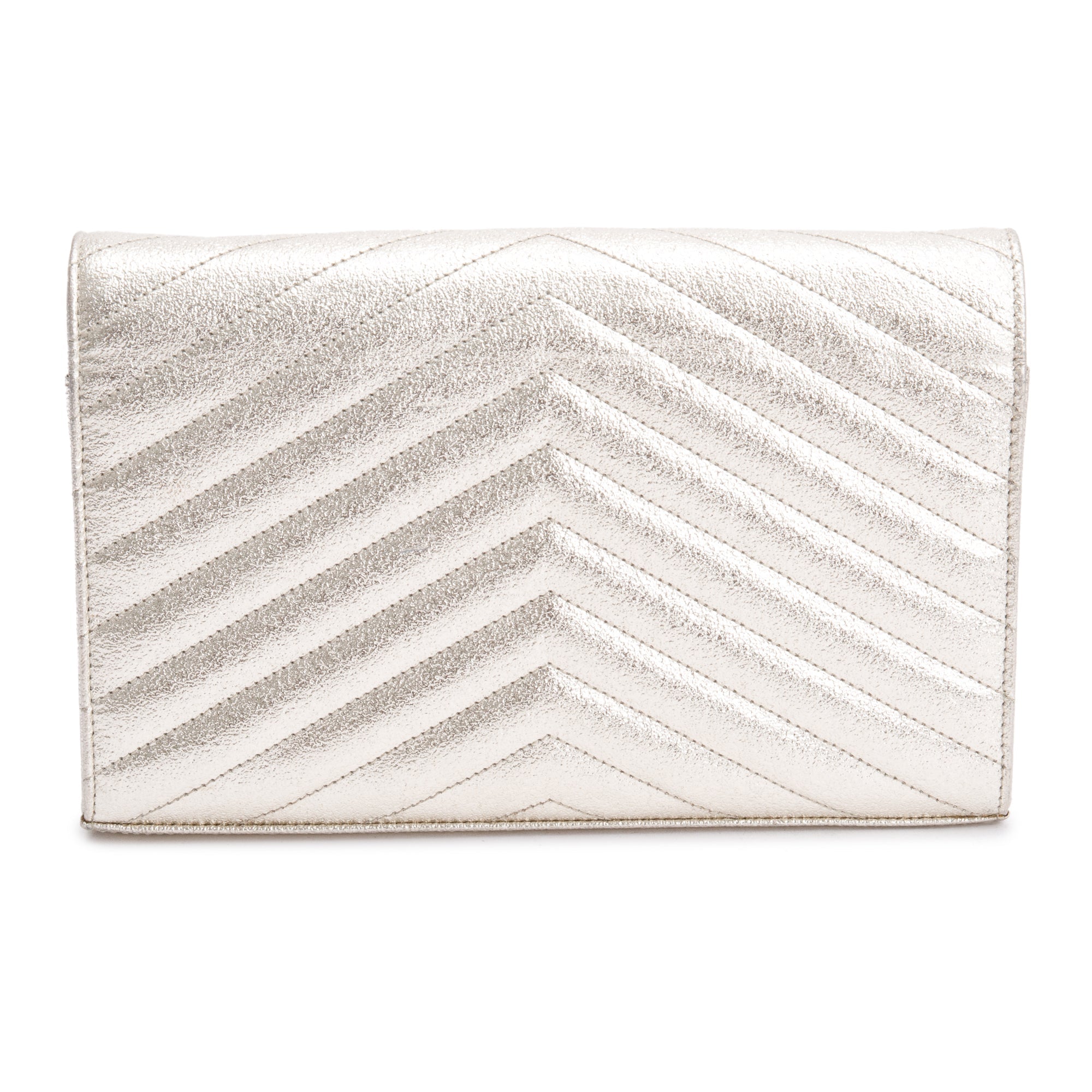 Saint Laurent Metallic Grain De Poudre Leather Cassandre Matelasse Chain Wallet w/ Box