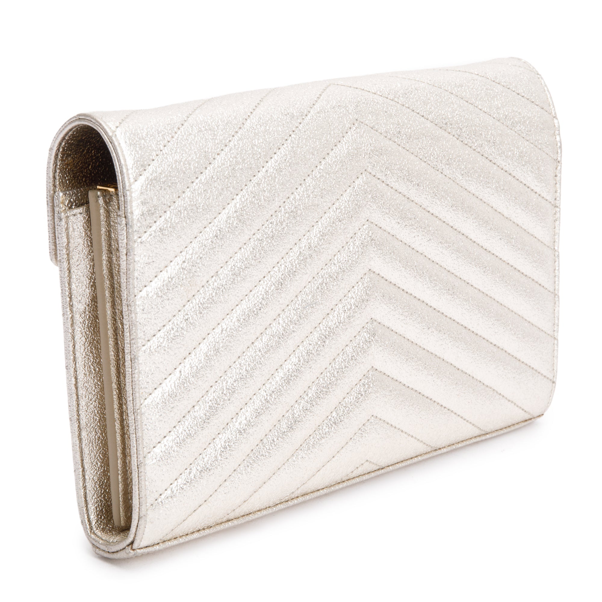 Saint Laurent Metallic Grain De Poudre Leather Cassandre Matelasse Chain Wallet w/ Box