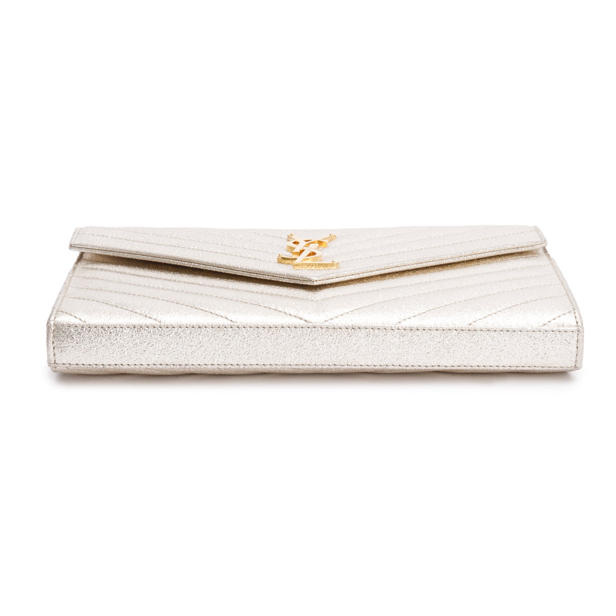 Saint Laurent Metallic Grain De Poudre Leather Cassandre Matelasse Chain Wallet w/ Box