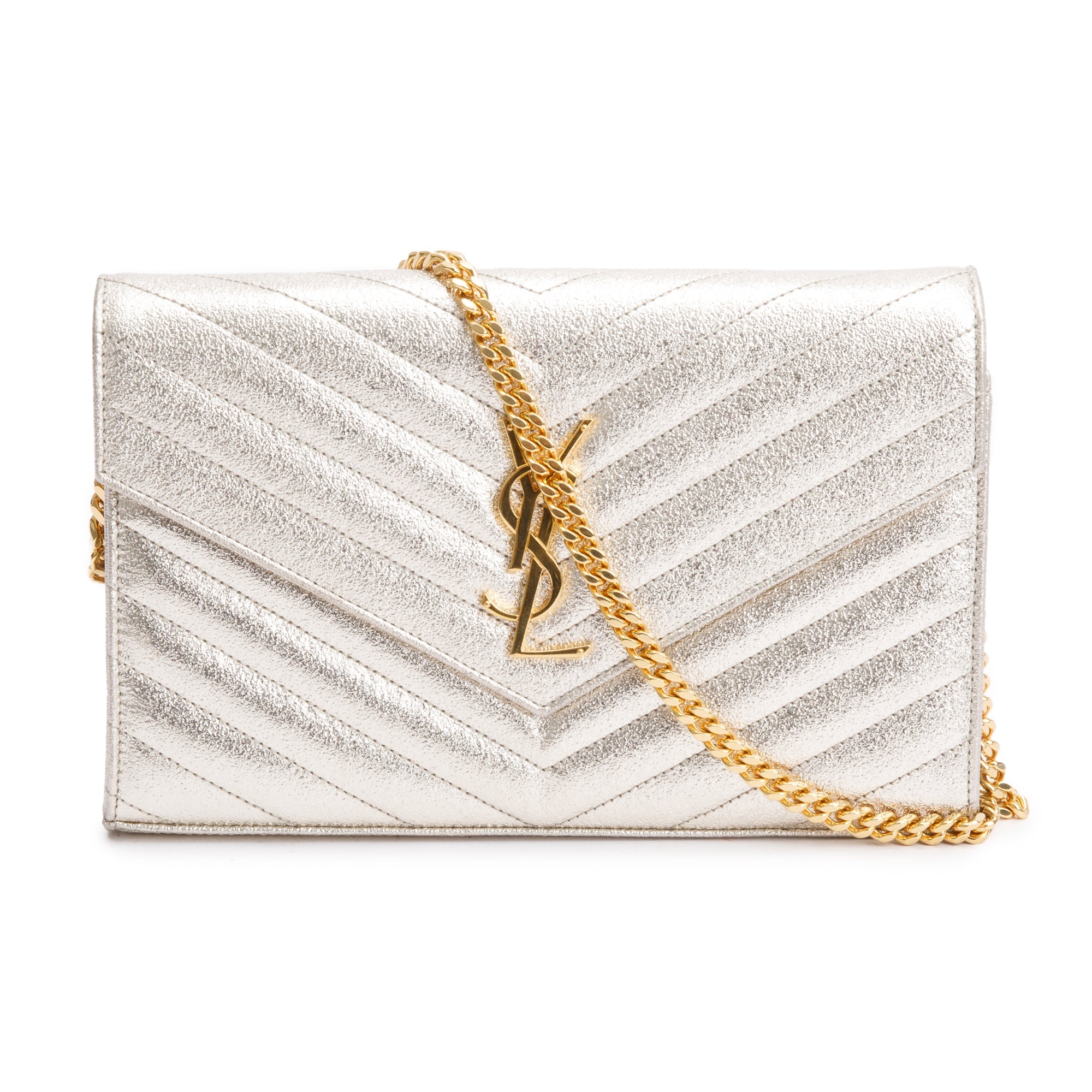 Saint Laurent Metallic Grain De Poudre Leather Cassandre Matelasse Chain Wallet w/ Box