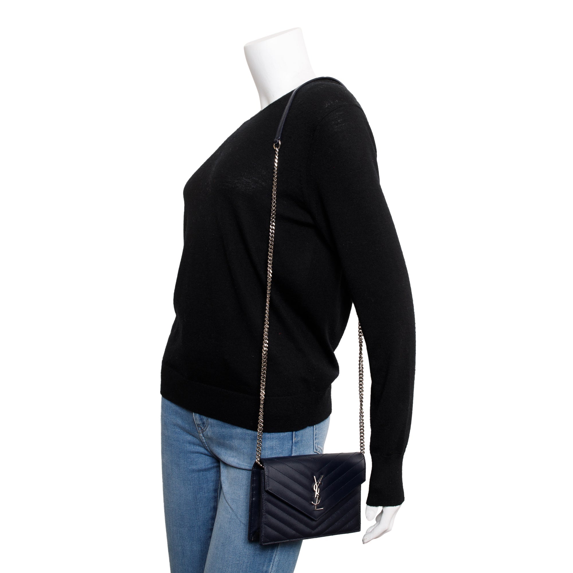 Saint Laurent Navy Cassandre Matelasse Envelope Chain Wallet