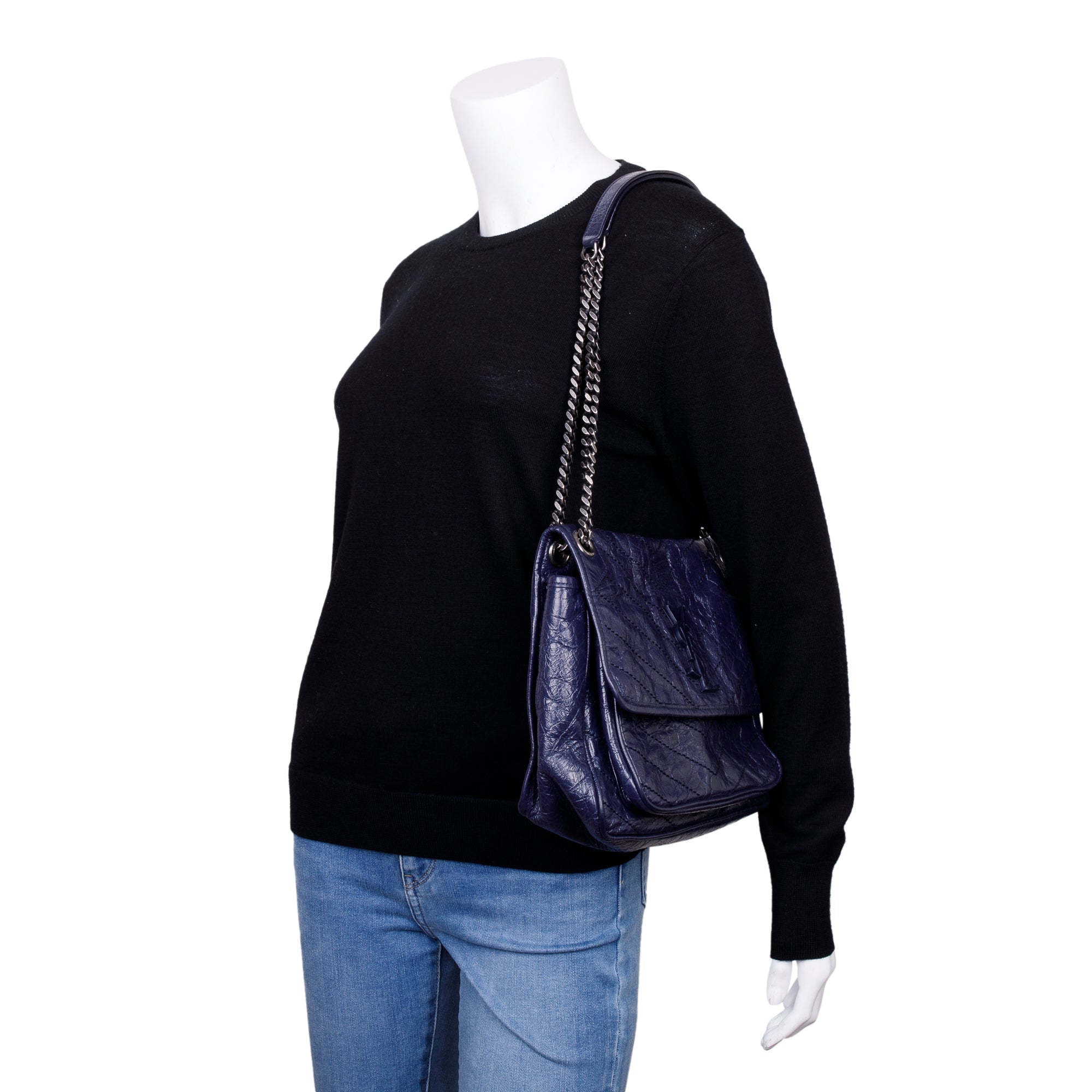 Saint Laurent Navy Crinkled Calfskin Leather Medium Niki Shoulder Bag