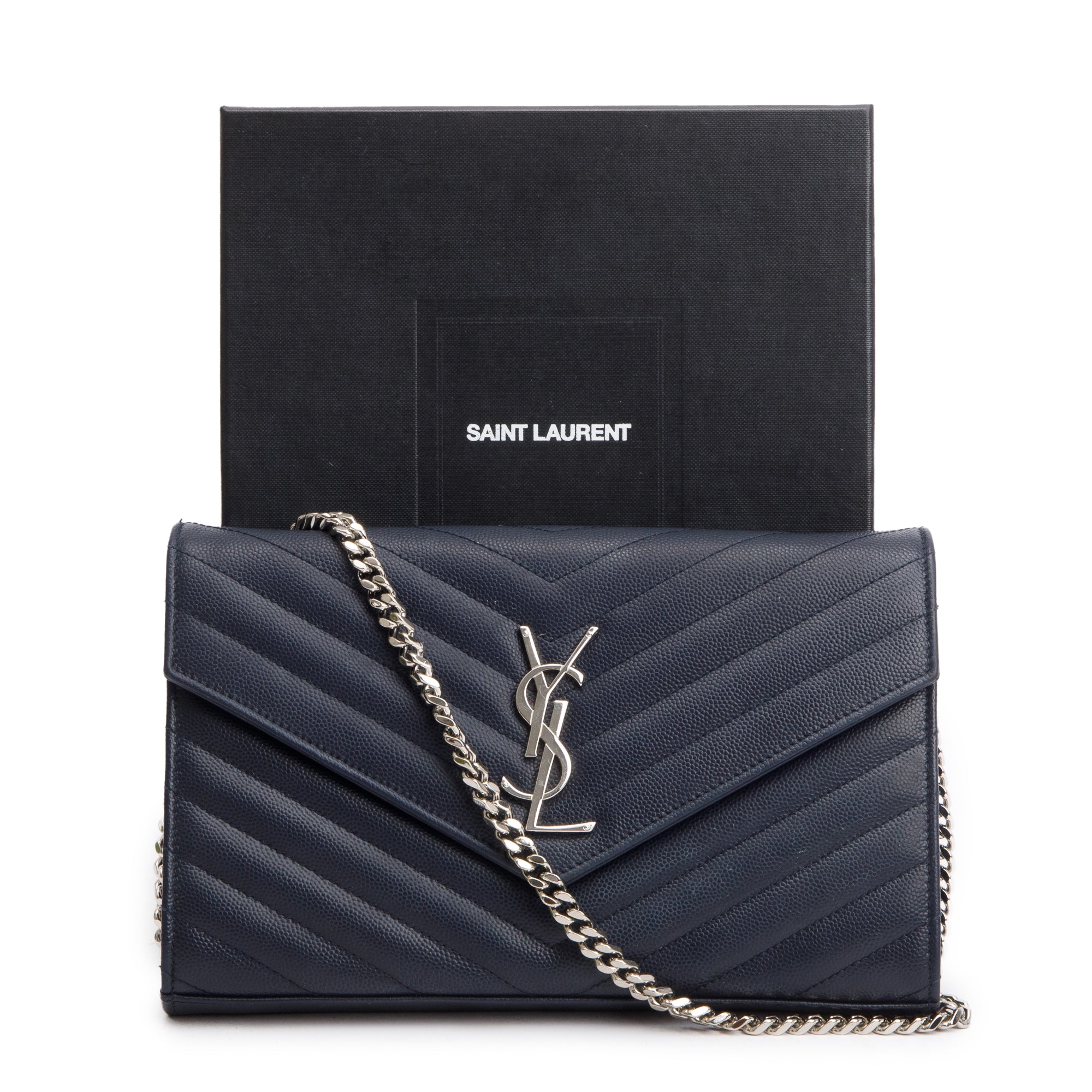 Saint Laurent Navy Grain De Poudre Leather Cassandre Envelope Chain Wallet w/ Box