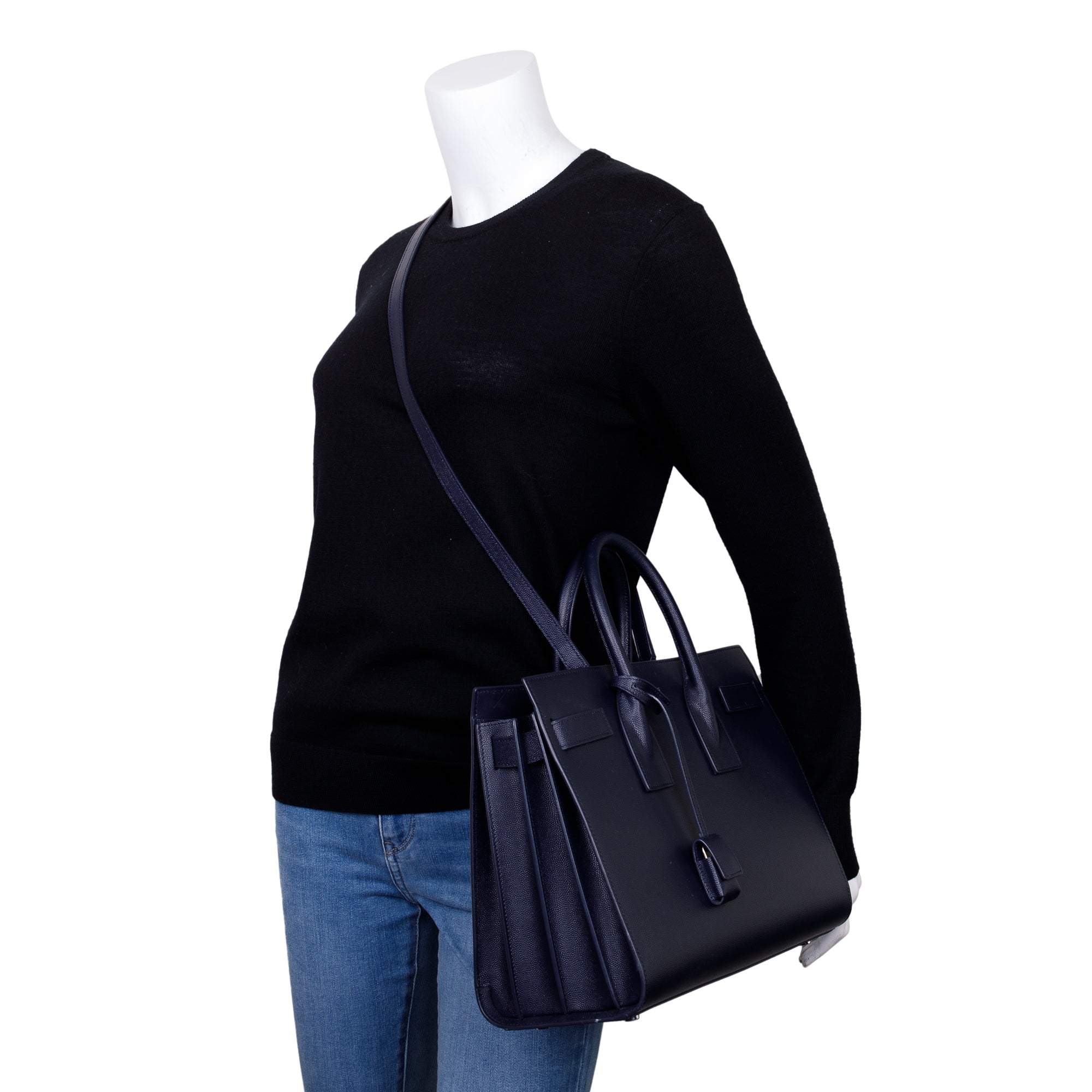 Saint Laurent Navy Grained Leather Small Sac De Jour w/ Strap & Pouch