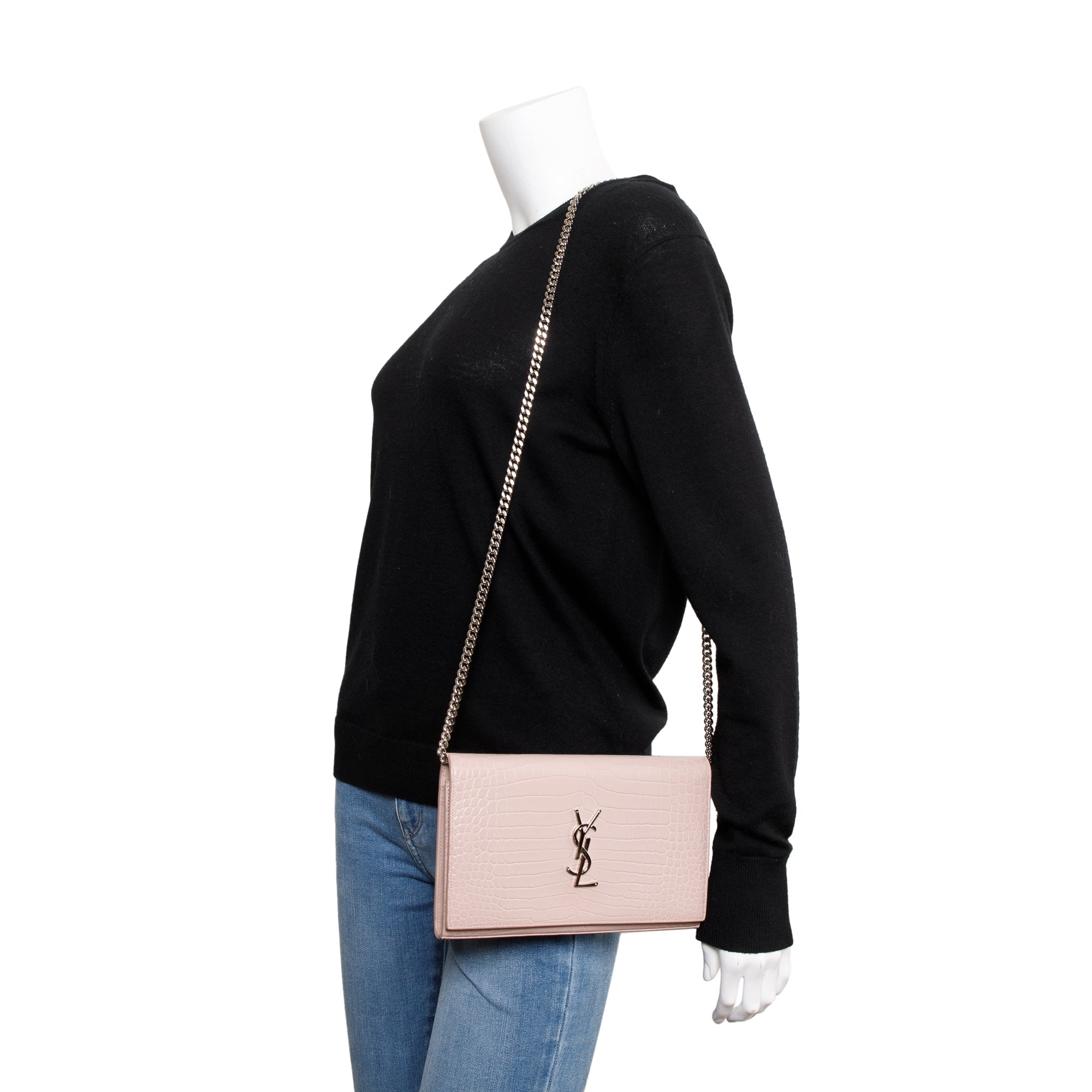 Saint Laurent Pink Crocodile-Embossed Leather Cassandre Chain Wallet