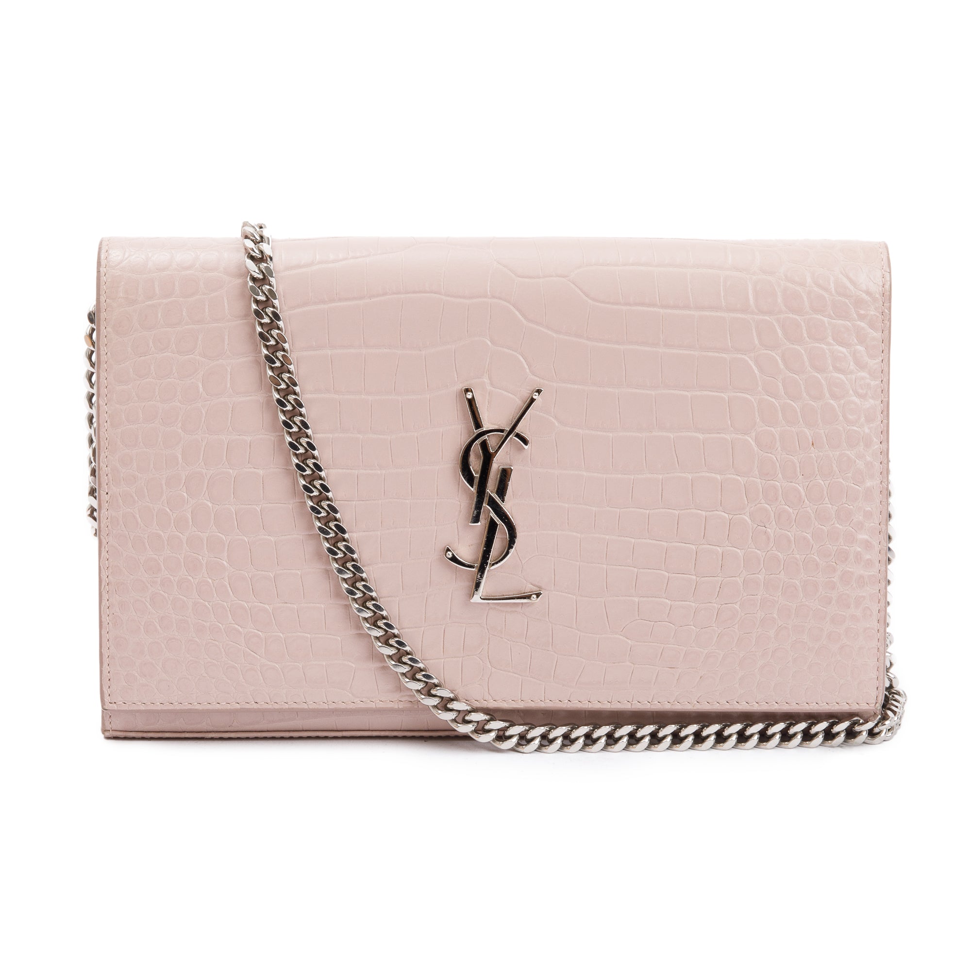 Saint Laurent Pink Crocodile-Embossed Leather Cassandre Chain Wallet