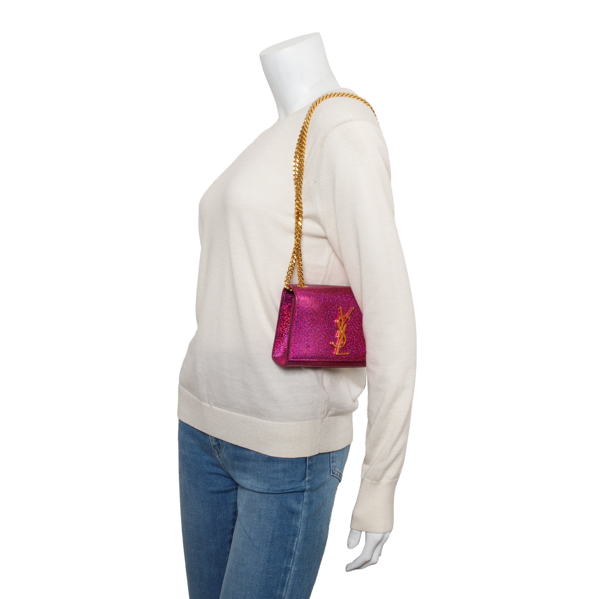 Saint Laurent Pink Glitter Leather Mini Monogram Kate Bag