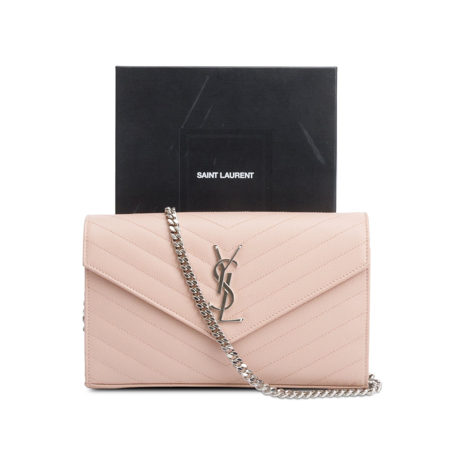 Saint Laurent Pink Grain De Poudre Leather Cassandre Envelope Chain Wallet w/ Box & Receipt