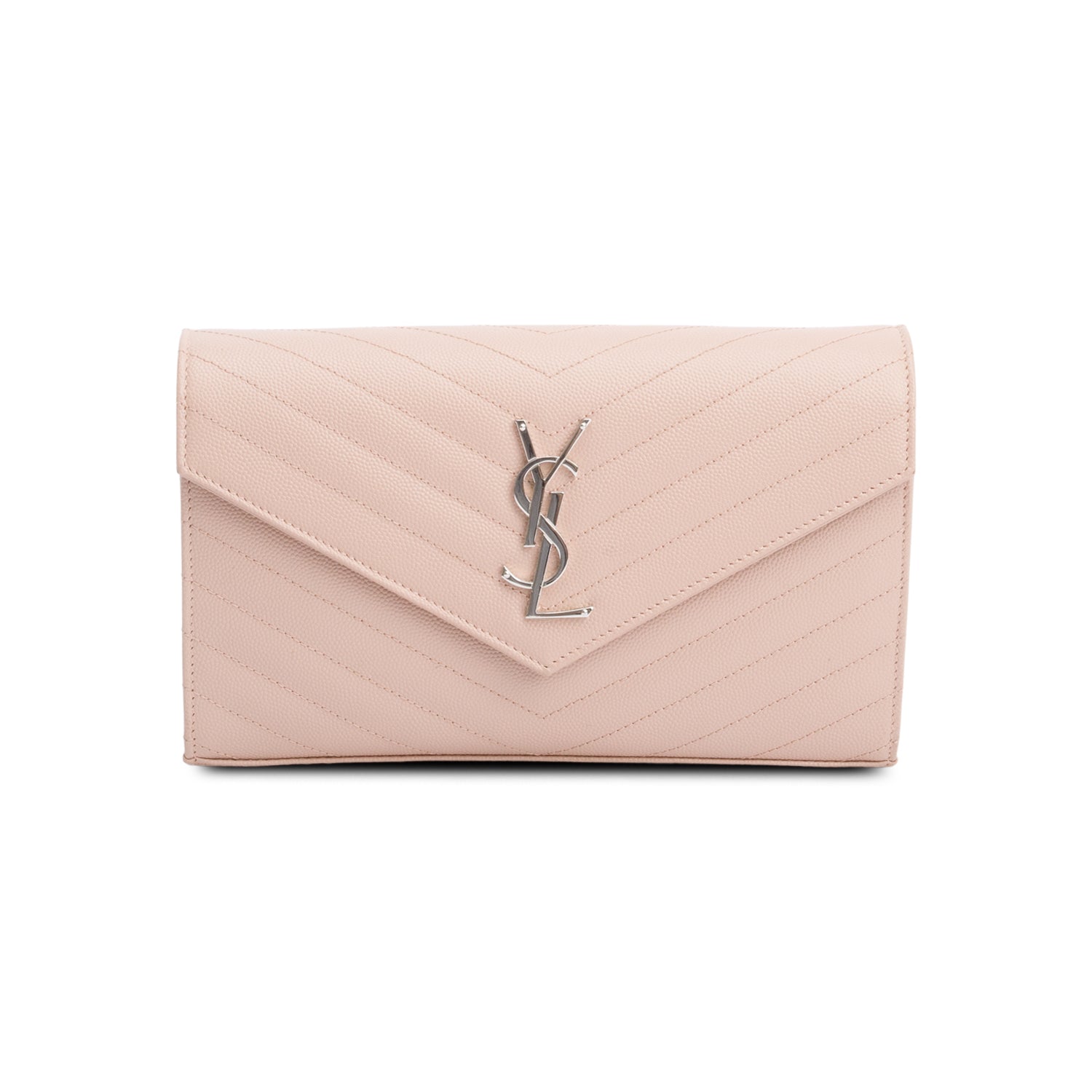 Saint Laurent Pink Grain De Poudre Leather Cassandre Envelope Chain Wallet w/ Box & Receipt