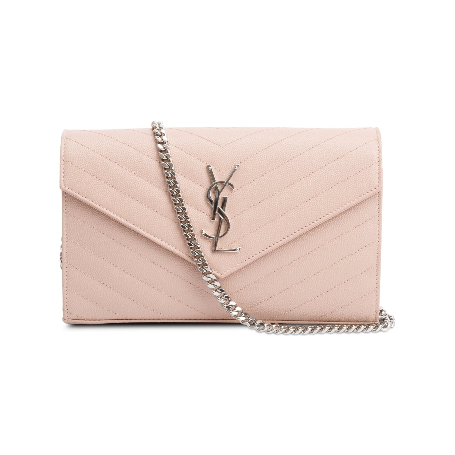 Saint Laurent Pink Grain De Poudre Leather Cassandre Envelope Chain Wallet w/ Box & Receipt