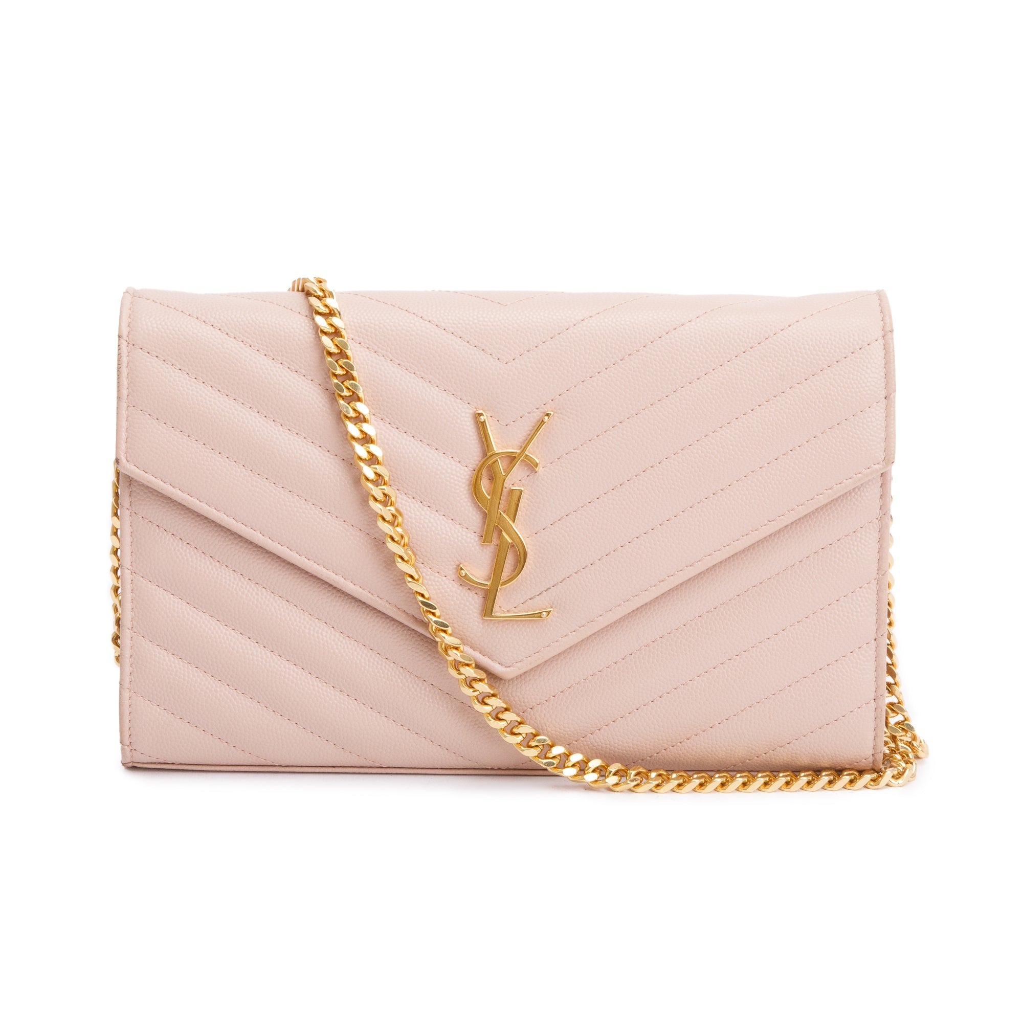 Saint Laurent Pink Grain De Poudre Leather Cassandre Matelasse Chain Wallet w/ Box