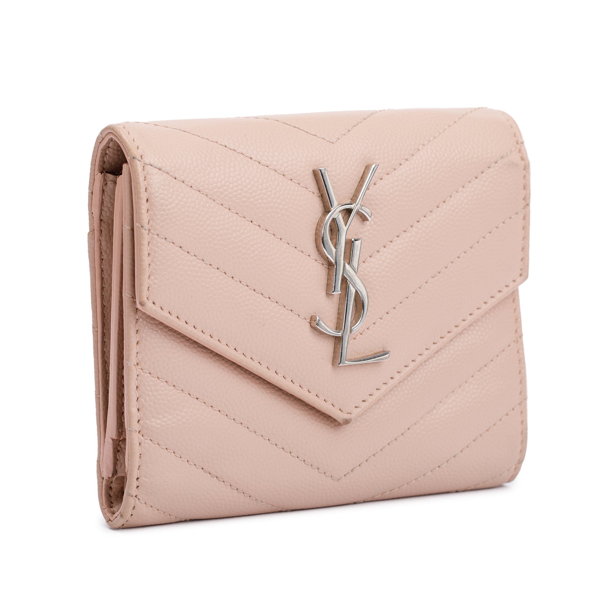 Saint Laurent Pink Grain de Poudre Leather Cassandre Matelasse Compact Tri-Fold Wallet