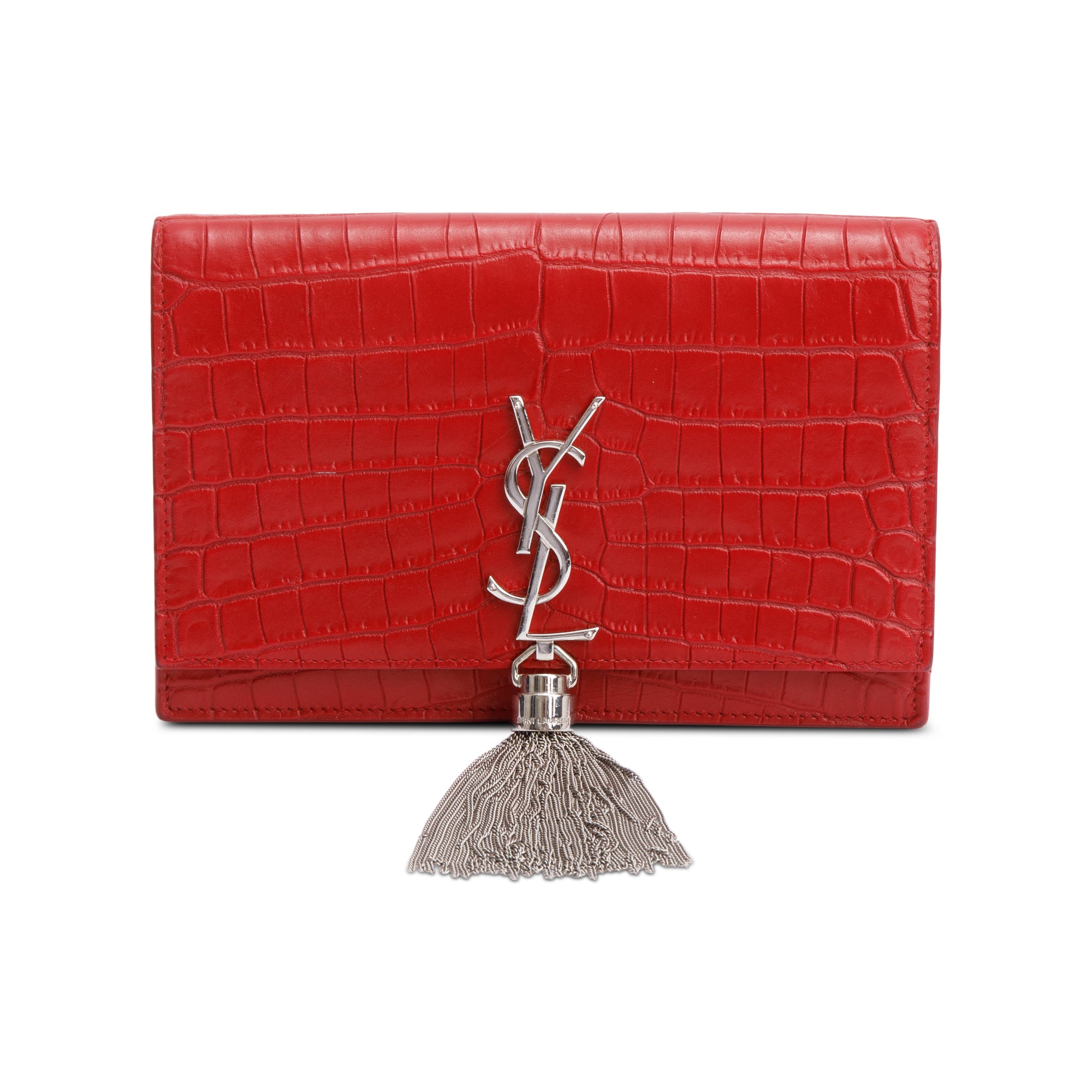 Saint Laurent Red Croc Embossed Leather Kate Tassel Wallet on Chain